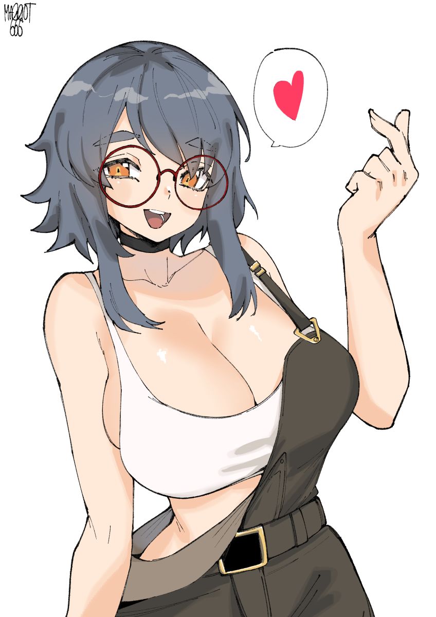 norman maggot, original, highres, 1girl, arm up, artist name, black choker, breasts, brown overalls, choker, cleavage, collarbone, finger heart, grey hair, heart, huge breasts, long sidelocks, looking at viewer, open mouth, orange eyes, overalls, red-framed eyewear, round eyewear, short hair, sidelocks, simple background, skindentation, smile, solo, speech bubble, spoken heart, suspenders, suspenders slip, swept bangs, tank top, teeth, thick eyebrows, tongue, upper teeth only, white background, white tank top