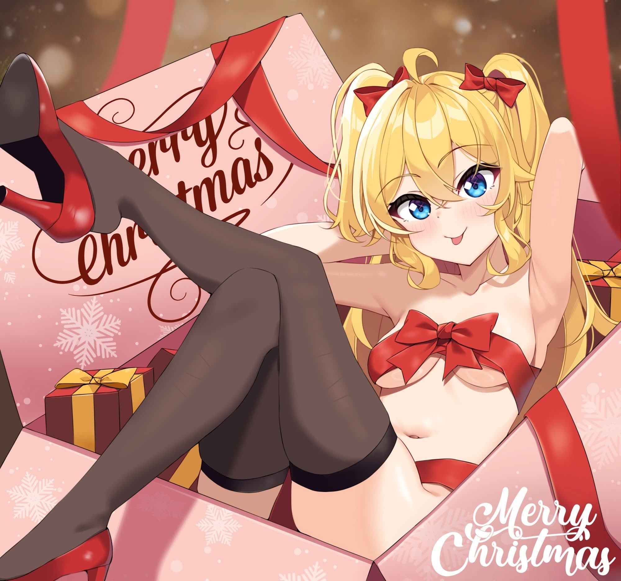 ray (rays 26), kusaka yuno, re:fragment ~absolute ambition~, commentary, highres, official art, 1girl, :p, ahoge, armpits, arms behind head, black thighhighs, blonde hair, blue eyes, blush, bow, box, breasts, breasts apart, christmas, closed mouth, collarbone, crossed bangs, dutch angle, full body, gift, gift box, hair between eyes, hair bow, hair intakes, high heels, in box, in container, knees together feet apart, legs, long hair, looking at viewer, lying, medium breasts, merry christmas, naked ribbon, navel, on back, red bow, red ribbon, red shoes, ribbon, shiny skin, shoes, sidelocks, skindentation, smile, snowflake print, solo, stomach, thighhighs, thighs, tongue, tongue out, two side up, underboob, very long hair