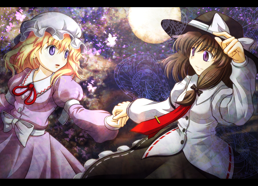 qontamblue, maribel hearn, usami renko, ghostly field club, touhou, 2girls, blonde hair, blue eyes, brown hair, female focus, hand on headwear, hat, holding hands, letterboxed, multiple girls, purple eyes
