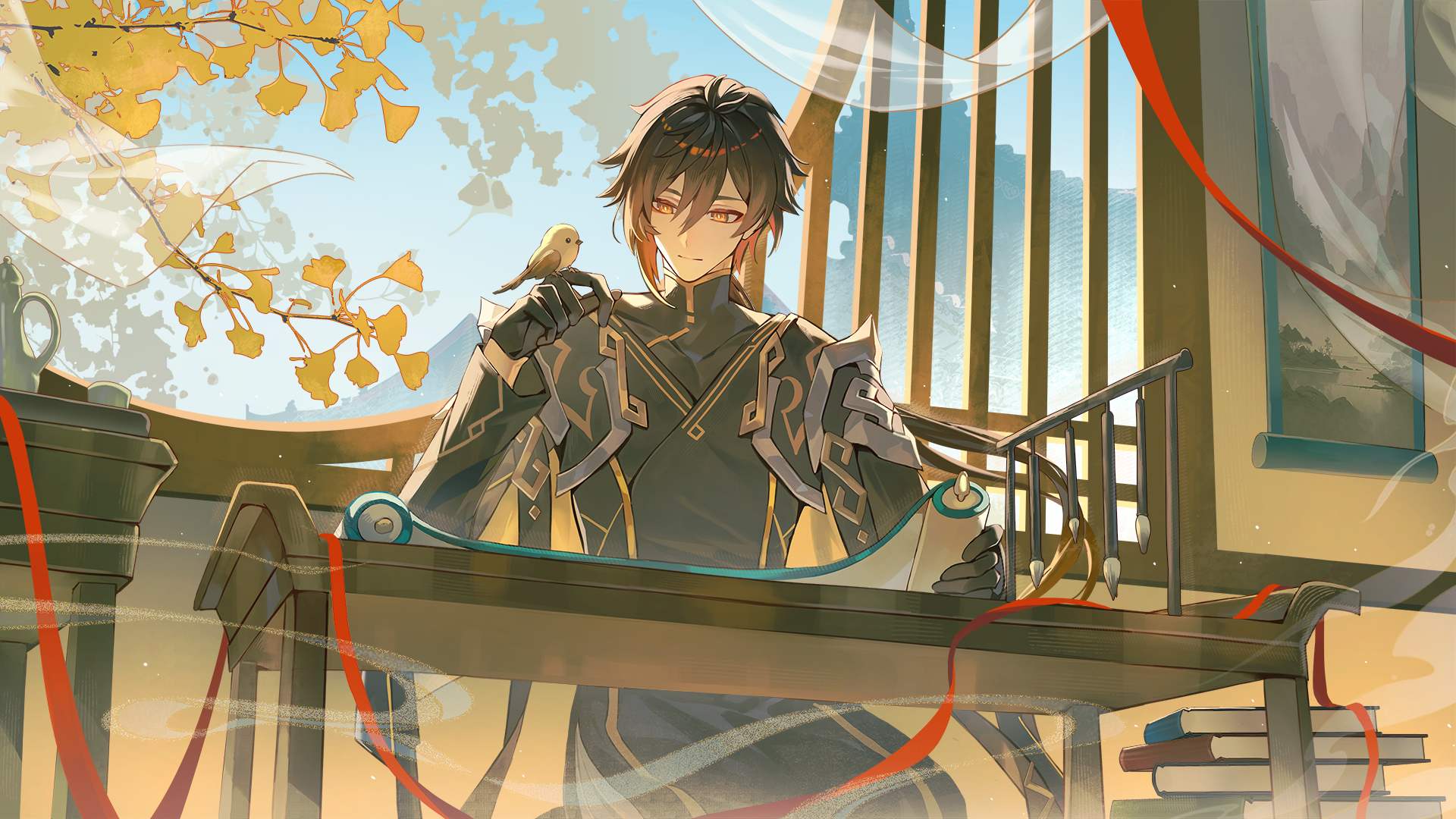 kanangnsn, zhongli (genshin impact), zhongli (lantern rite) (genshin impact), genshin impact, commentary, english commentary, highres, 1boy, architecture, armor, bird, bird on hand, black gloves, book, book stack, brown hair, calligraphy brush, changpao, chinese clothes, closed mouth, day, east asian architecture, floating hair, gloves, hanging scroll, holding, holding scroll, indoors, long hair, long sleeves, low ponytail, male focus, official alternate costume, orange eyes, paintbrush, ponytail, reading, round window, scroll, shoulder armor, sitting, solo, table, very long hair, window, yellow bird