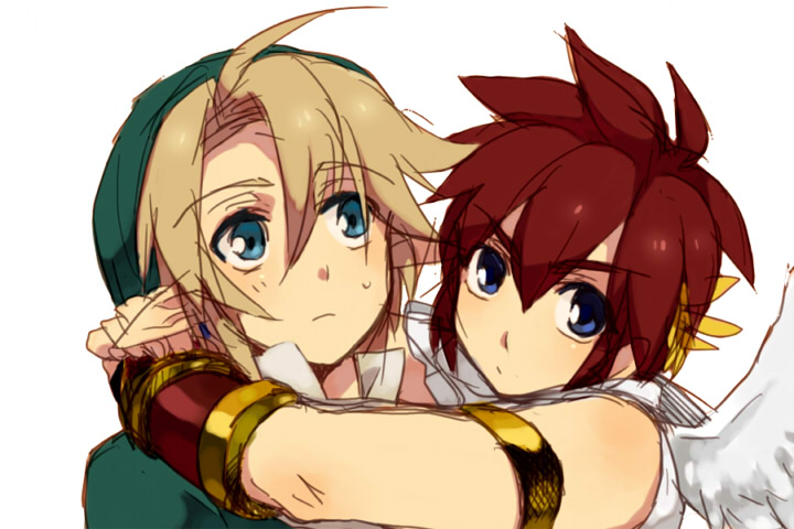 link, pit (kid icarus), kid icarus, nintendo, super smash bros., the legend of zelda, 2boys, blonde hair, blue eyes, bracer, brown hair, hair between eyes, hat, hug, male focus, multiple boys, pointy ears, white background, wings, yaoi