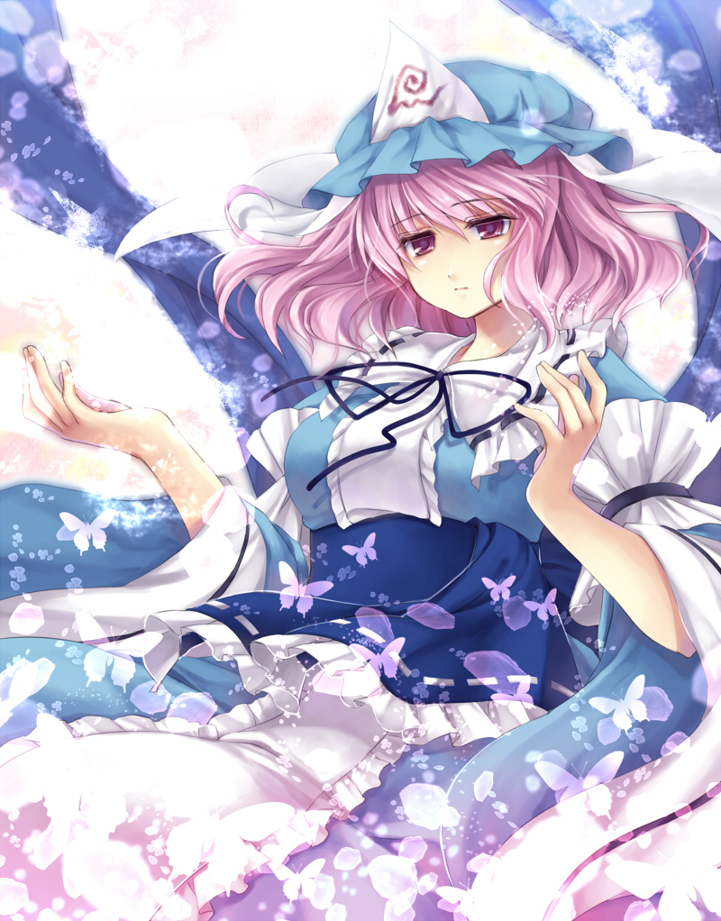 hagiwara rin, saigyouji yuyuko, touhou, bad id, bad pixiv id, 1girl, bug, butterfly, expressionless, female focus, floating hair, hat, insect, neck ribbon, pink eyes, pink hair, ribbon, short hair, solo