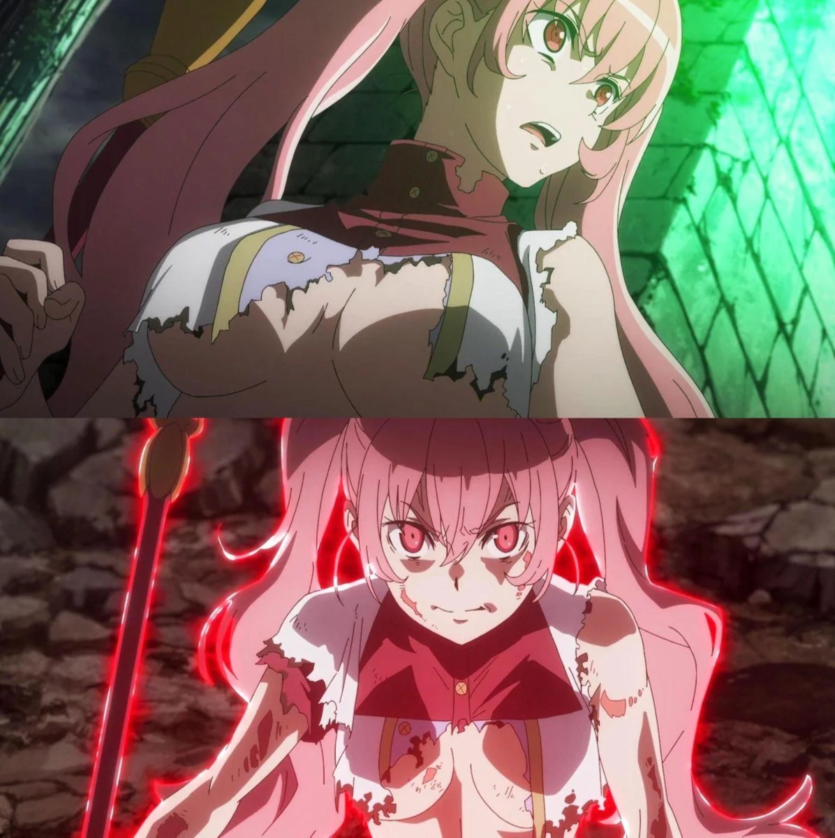 heith velvet, dungeon ni deai wo motomeru no wa machigatteiru darou ka, highres, stitched, third-party edit, 1girl, breasts, burn scar, burnt clothes, closed mouth, female focus, holding, holding staff, large breasts, long hair, looking at viewer, magic staff, no bra, open mouth, pink hair, red eyes, scar, sexually suggestive, solo, solo focus, staff, sweat, sweater, teeth, twintails, underboob, upper teeth only, very long hair