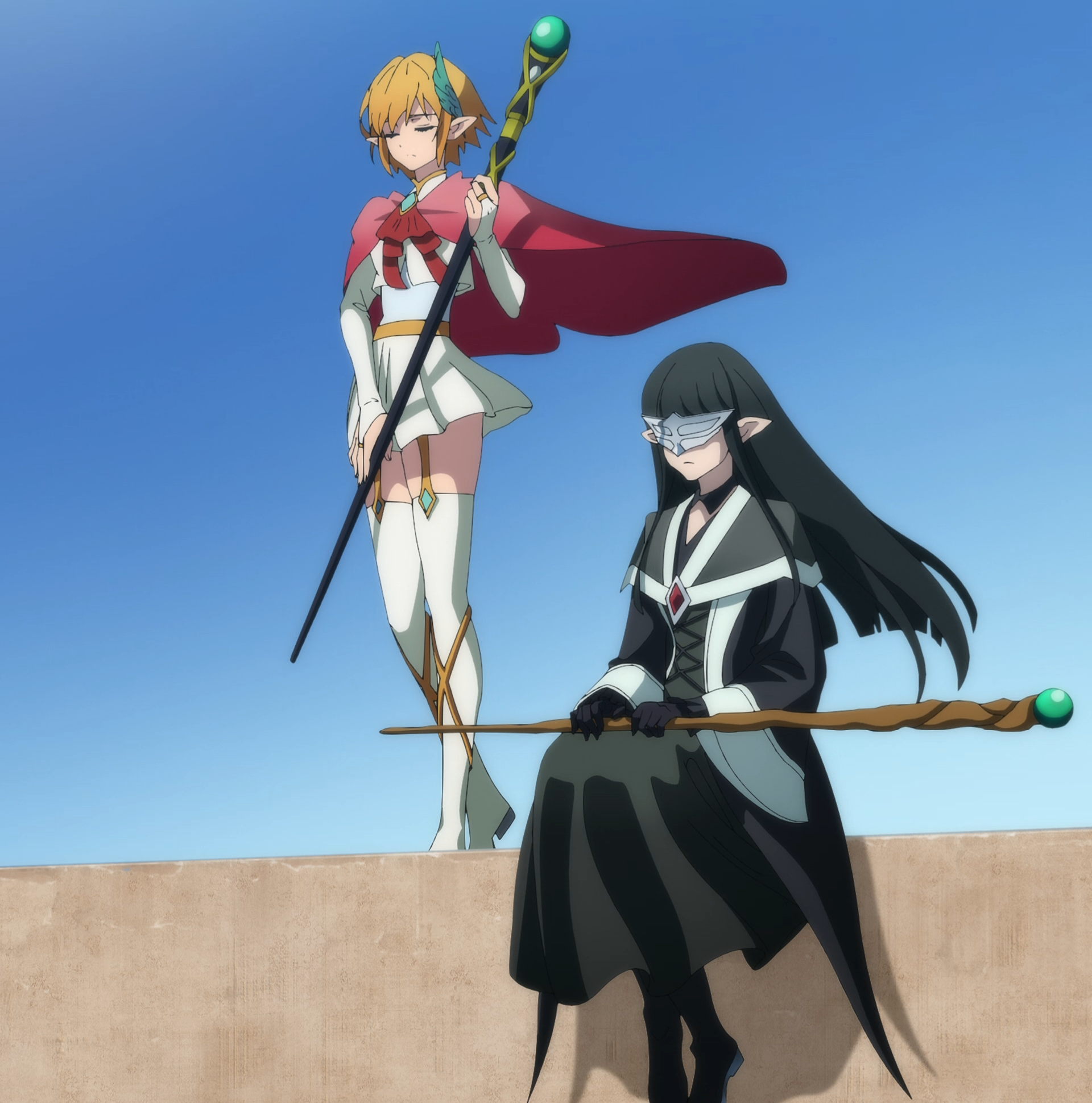 filvis challia (tsue to tsurugi no wistoria), lefiya viridis (tsue to tsurugi no wistoria), tsue to tsurugi no wistoria, absurdres, highres, stitched, third-party edit, 2girls, black boots, black capelet, black dress, black gloves, black hair, black skirt, blazer, blonde hair, blunt ends, boots, breasts, cape, capelet, chest jewel, closed eyes, closed mouth, dot nose, dress, ear ornament, elf, eye mask, female focus, flat chest, full body, garter belt, garter straps, gem, gloves, green gemstone, holding, holding staff, jacket, kneehighs, legs, long hair, long skirt, long sleeves, magic staff, mask, microskirt, miniskirt, multiple girls, neckerchief, panties, pleated skirt, pointy ears, red cape, red gemstone, red neckerchief, sexually suggestive, shirt, short hair, sitting, skirt, small breasts, socks, staff, thigh boots, thighhighs, thighs, underwear, white boots, white gloves, white jacket, white panties, white shirt, white skirt, wooden staff, yellow garter, yellow garter belt, yellow garter straps, zettai ryouiki