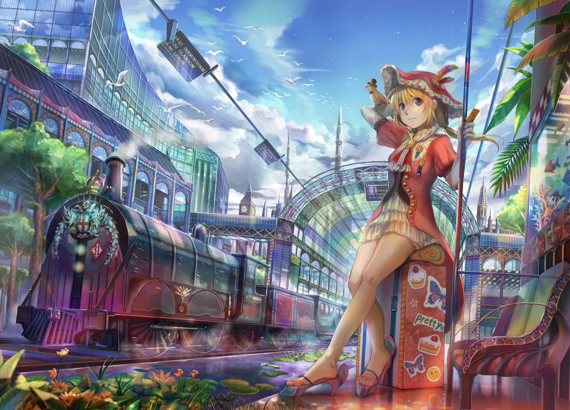fuzichoco, original, highres, md5 mismatch, resolution mismatch, source larger, 1girl, bench, bird, blonde hair, brown eyes, cloud, day, feet, female focus, locomotive, orange hair, purple eyes, sandals, scenery, short hair, sitting, sky, solo, steam locomotive, ticket, train, train station