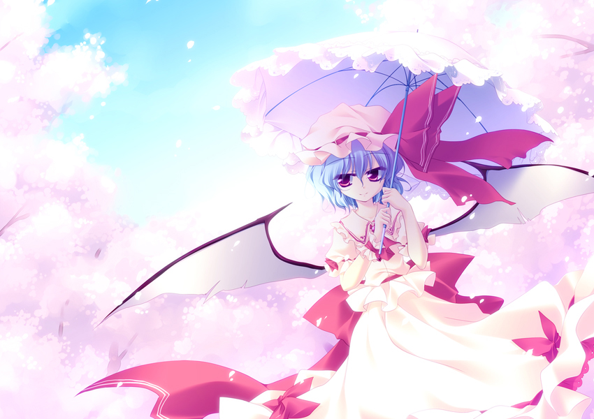 motomiya mitsuki, remilia scarlet, touhou, 1girl, bat wings, blue hair, cherry blossoms, female focus, hat, outdoors, parasol, plant, red eyes, ribbon, short hair, sky, solo, standing, tree, umbrella, wings