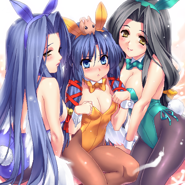 uraha, zen, kannabi no mikoto, uraha (air), yaobikuni, yaobikuni (air), air (visual novel), key (company), 00s, 3girls, :<, angel wings, animal ears, aqua leotard, back, bell, black hair, blue eyes, blue hair, blush, bow, bowtie, breasts, cleavage, fake animal ears, hair ribbon, hairband, jingle bell, large breasts, leotard, long hair, looking back, multiple girls, object on head, oekaki, pantyhose, playboy bunny, rabbit, rabbit ears, rabbit tail, ribbon, sitting, smile, tail, very long hair, wings, yellow eyes