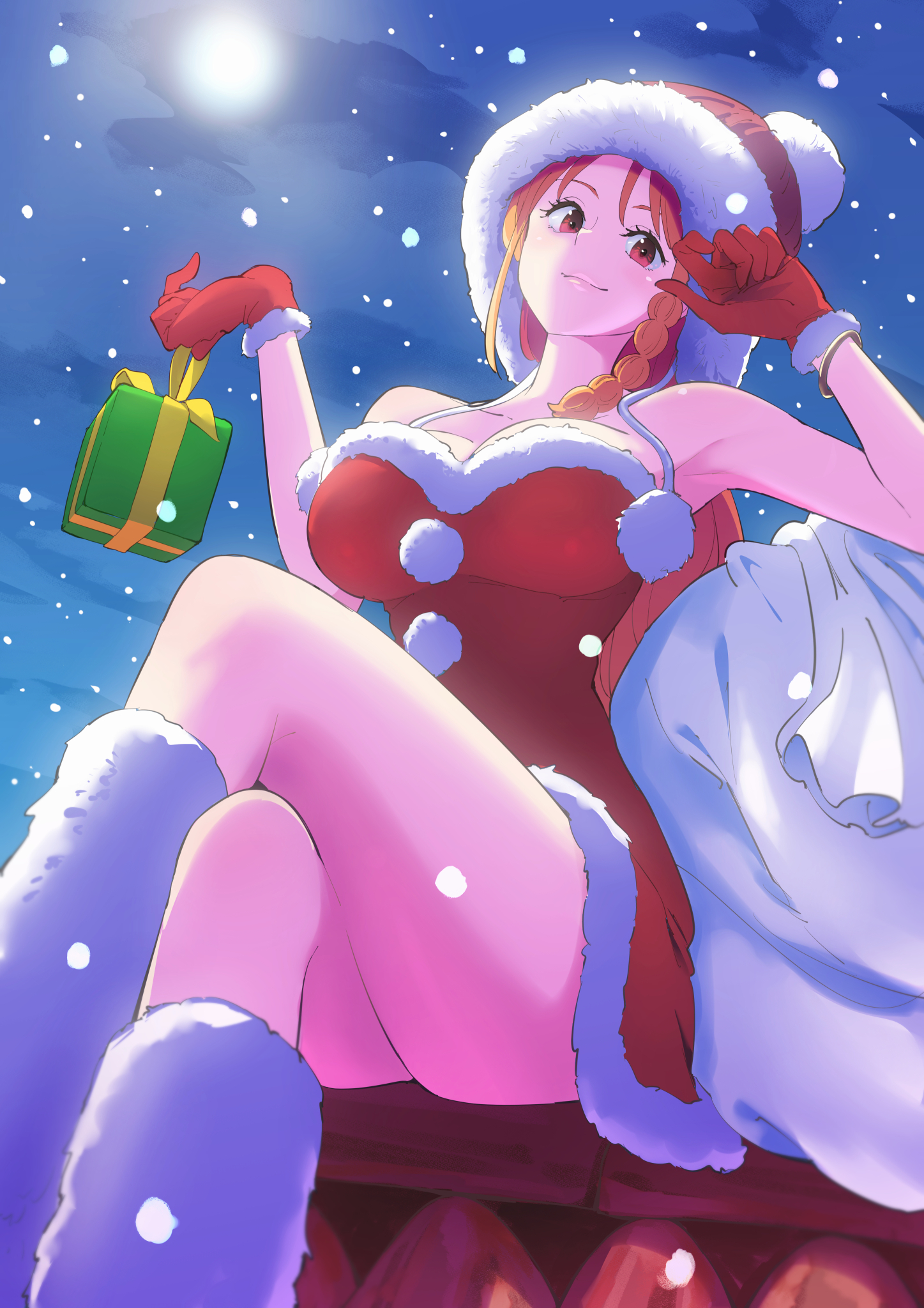 buruu4000, nami (one piece), one piece, commentary, highres, 1girl, armpits, bangle, bare shoulders, box, bracelet, braid, braided sidelock, breasts, brown eyes, christmas, christmas present, closed mouth, crossed legs, dress, feet out of frame, from below, full moon, fur-trimmed dress, fur-trimmed gloves, fur-trimmed headwear, fur trim, gift, gift box, gloves, hat, holding, holding gift, jewelry, large breasts, leg warmers, long hair, looking at viewer, moon, night, orange hair, outdoors, pom pom (clothes), red dress, red gloves, red hat, sack, santa costume, santa hat, single sidelock, sitting, smile, snowing, solo, thighs, white leg warmers