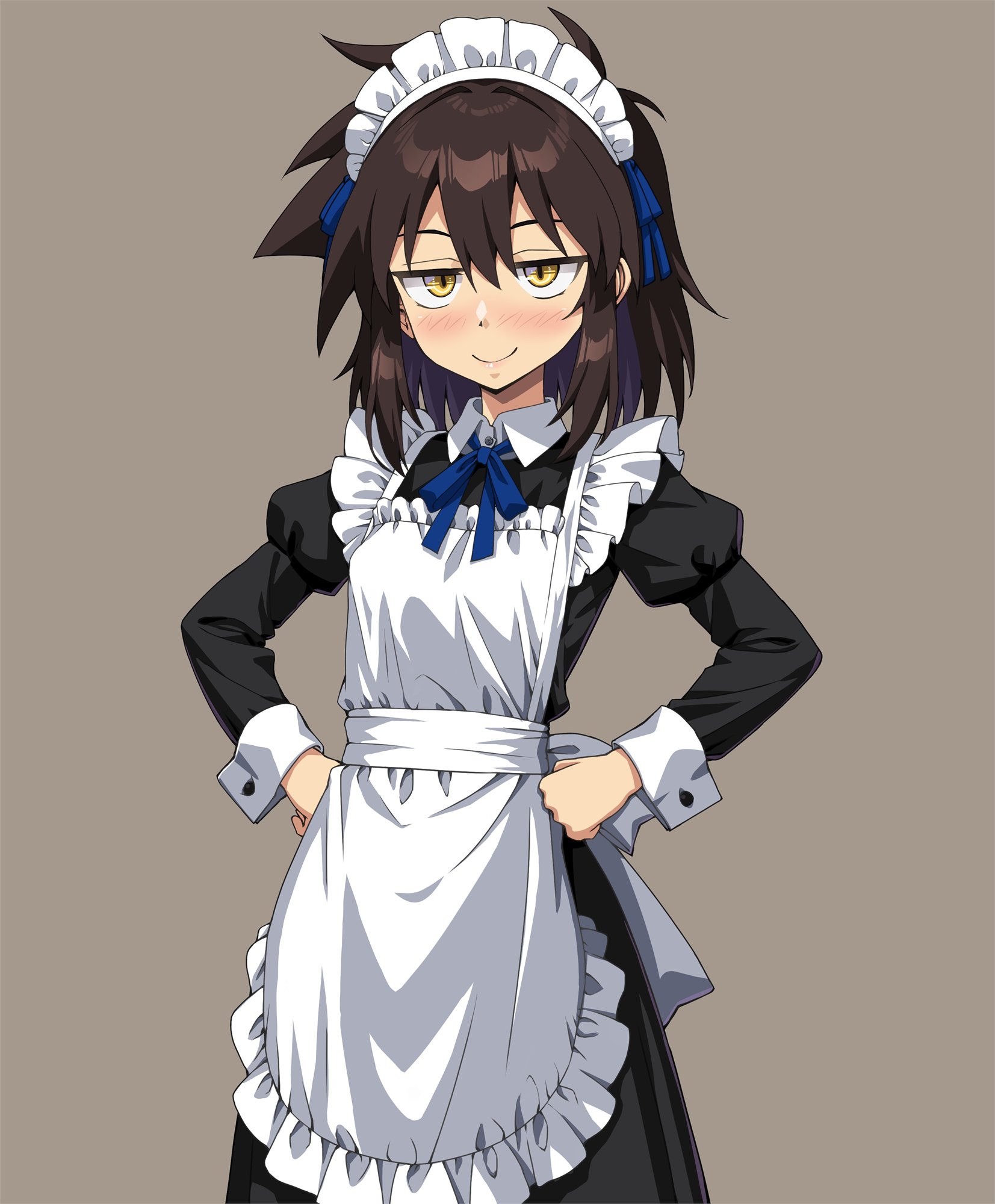 onimushi hyogo, commentary request, highres, 1girl, alternate costume, apron, black dress, blue ribbon, blush, breasts, brown background, brown hair, cowboy shot, dress, enmaided, frilled apron, frills, hands on own hips, haruka naru enkei sekai, inui koi, long sleeves, looking at viewer, maid, maid apron, maid headdress, messy hair, neck ribbon, ribbon, ribbon hair, simple background, small breasts, smile, solo, standing, white apron