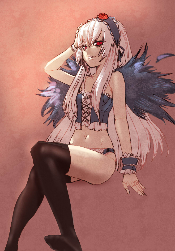 bow (bhp), suigintou, rozen maiden, 00s, 1girl, corset, doll joints, feet, female focus, joints, legs, long hair, panties, red eyes, solo, thighhighs, underwear, white hair, wings, wrist cuffs
