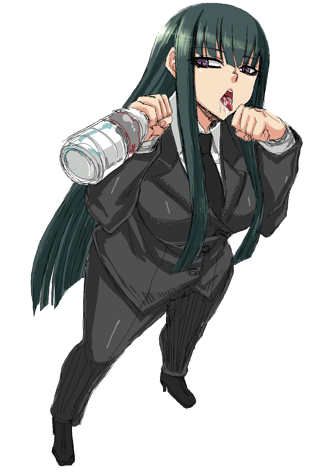 minarai, hazuki mina (darker than black), darker than black, highres, 00s, 1girl, aqua hair, bottle, breasts, female focus, formal clothes, green hair, high heels, jaggy lines, large breasts, long hair, necktie, oekaki, pant suit, pants, purple eyes, sexually suggestive, shoes, solo, suit, tongue, very long hair, water bottle