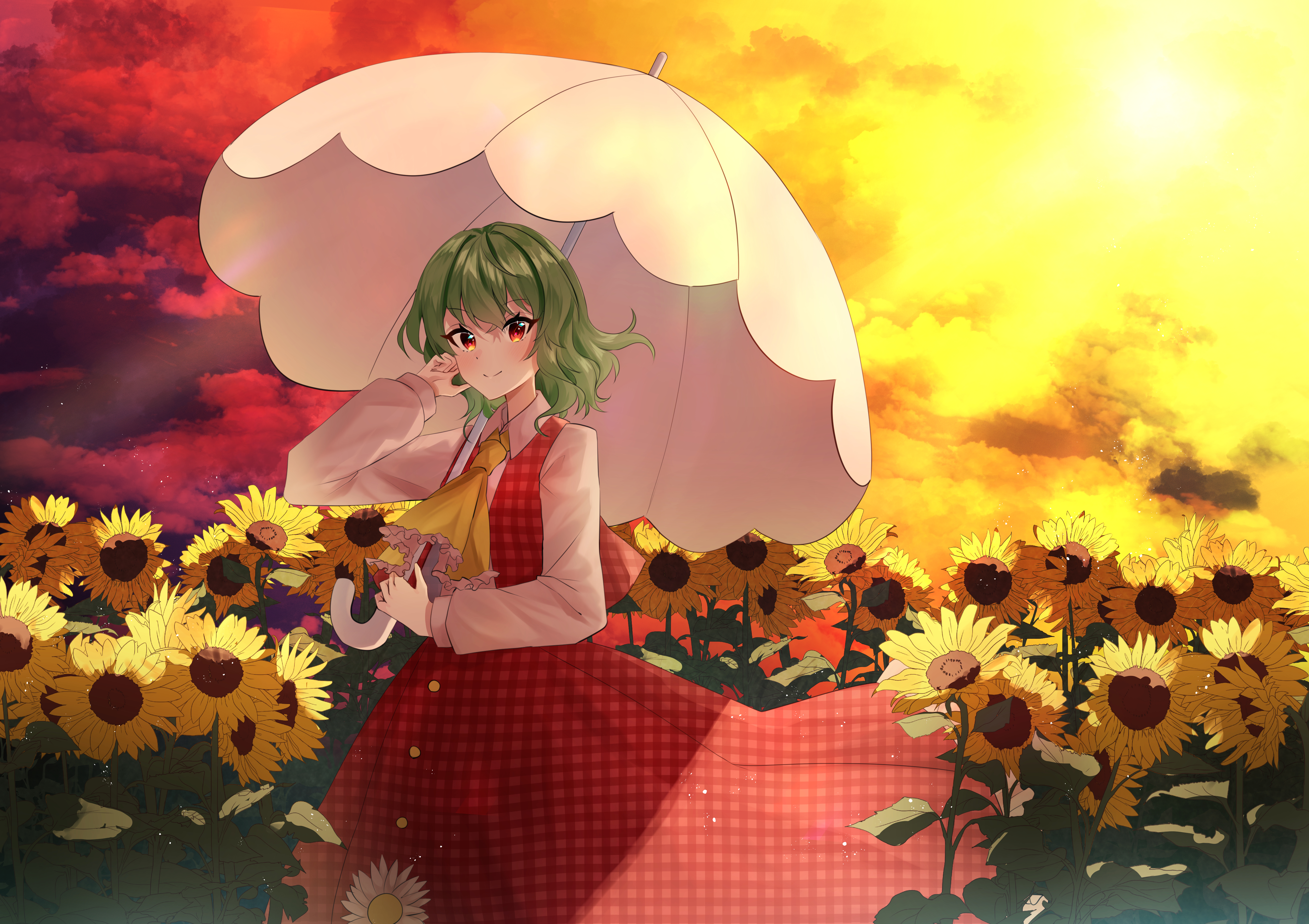 nettian51, kazami yuuka, touhou, absurdres, commentary, highres, symbol-only commentary, 1girl, ascot, blush, buttons, closed mouth, cloud, collared shirt, evening, field, flower, flower field, frilled ascot, frills, garden of the sun, green hair, hand on own cheek, hand on own face, holding, holding umbrella, light rays, long sleeves, looking at viewer, plaid clothes, plaid skirt, plaid vest, red eyes, red skirt, red vest, shirt, short hair, skirt, smile, solo, standing, sunflower, sunflower field, umbrella, vest, white shirt, white umbrella, yellow ascot