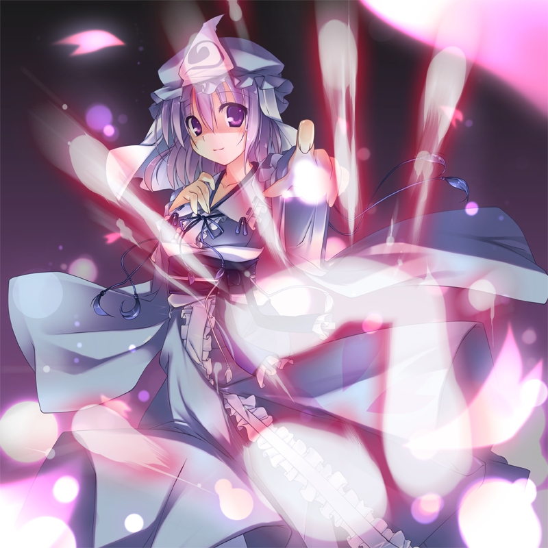 t-ray, saigyouji yuyuko, touhou, 1girl, danmaku, female focus, hat, japanese clothes, pink hair, purple eyes, purple hair, red eyes, short hair, solo