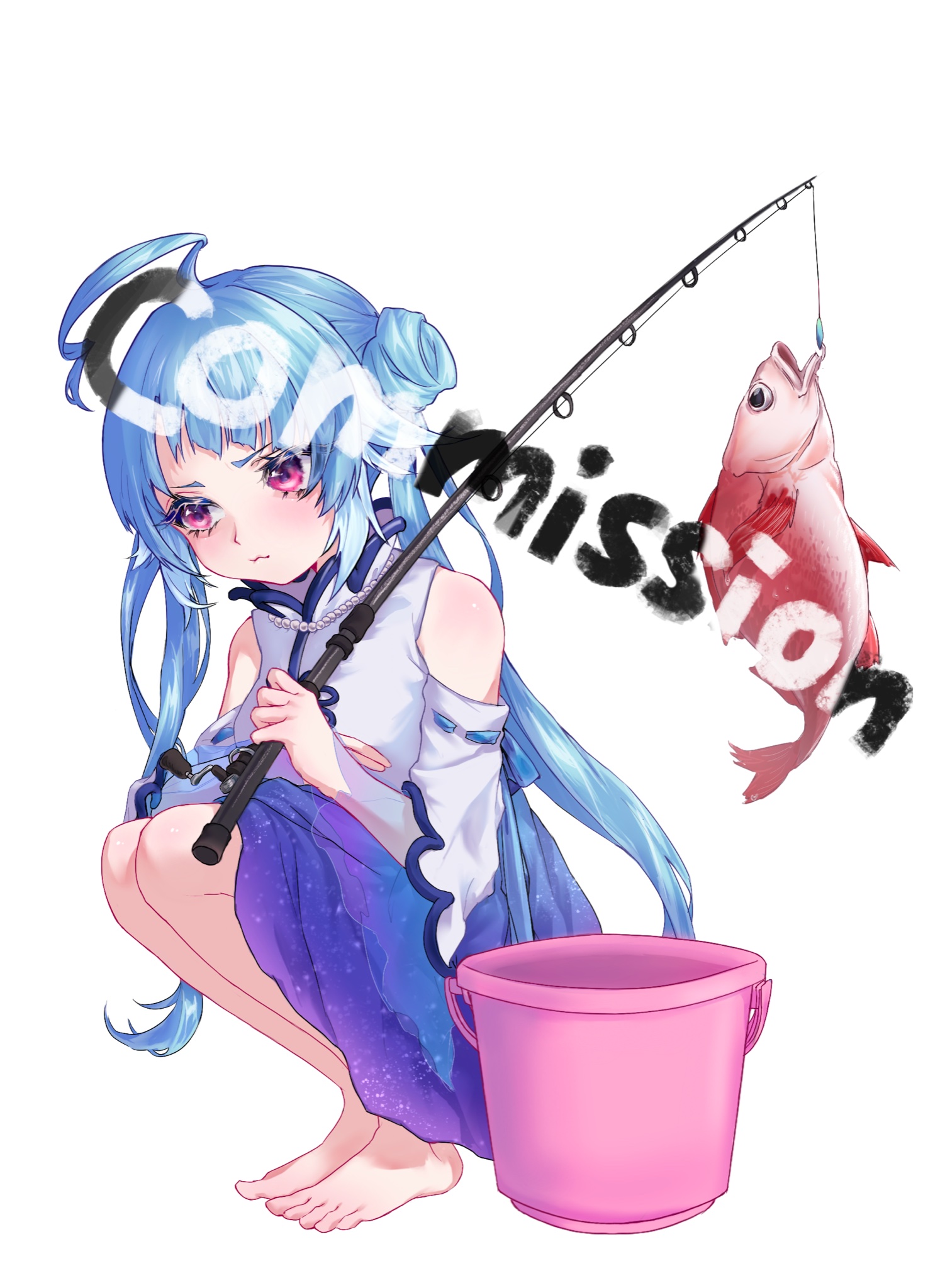 okubatomaeba, original, commentary request, commission, highres, 1girl, ahoge, bare shoulders, barefoot, blue dress, blue hair, breasts, bucket, closed mouth, clothing cutout, dress, feet, fish, fishing rod, full body, hair bun, holding, holding fishing rod, long hair, medium breasts, pink eyes, shoulder cutout, simple background, single hair bun, solo, squatting, toes, watermark, white background