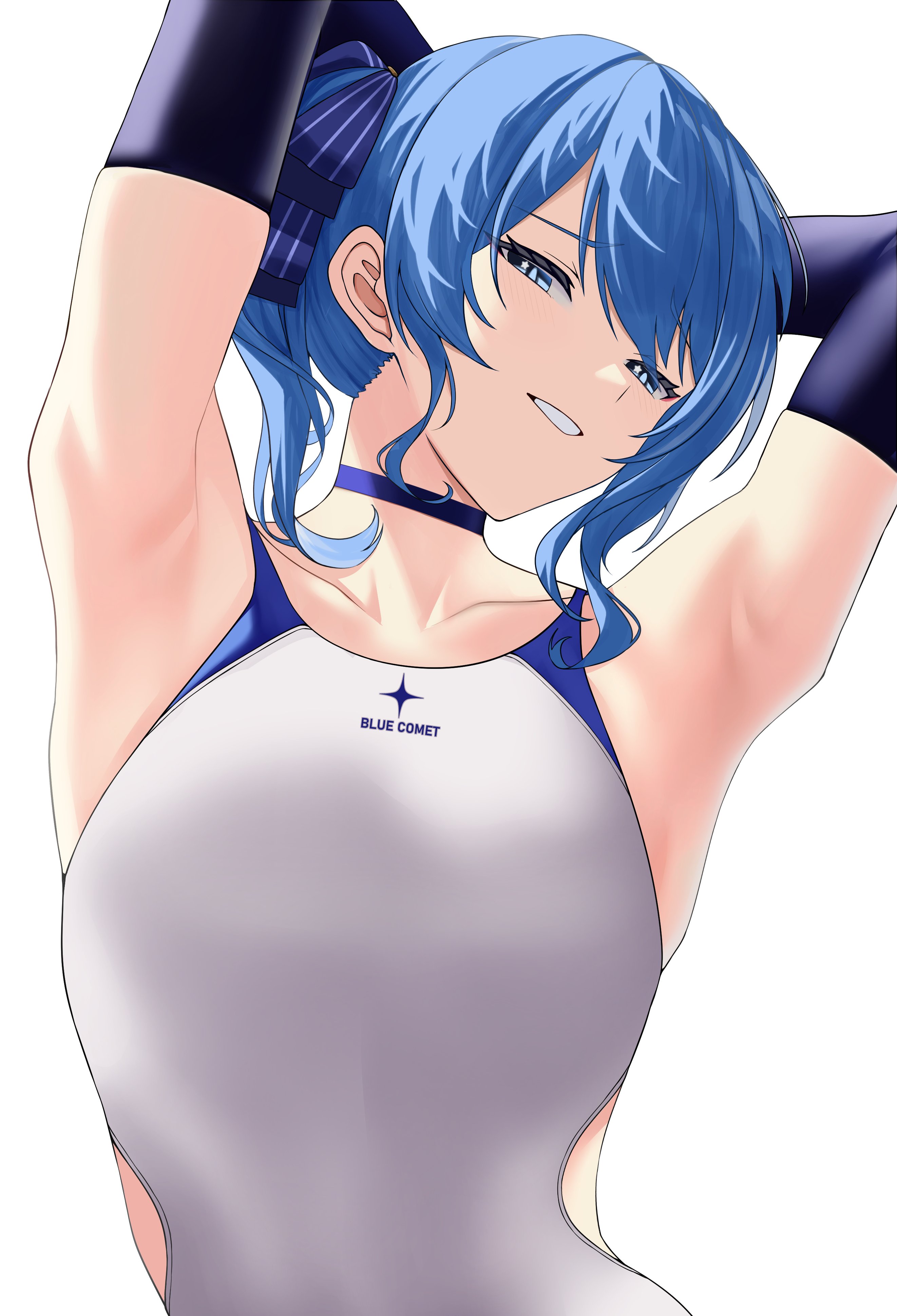 si farid, hoshimachi suisei, hololive, absurdres, highres, armpit focus, armpits, arms behind head, blue choker, blue eyes, blue hair, breasts, choker, clothing cutout, hair between eyes, hip vent, looking at viewer, one-piece swimsuit, presenting armpit, side ponytail, smile, star (symbol), star in eye, swimsuit, symbol in eye, virtual youtuber, white background, white one-piece swimsuit