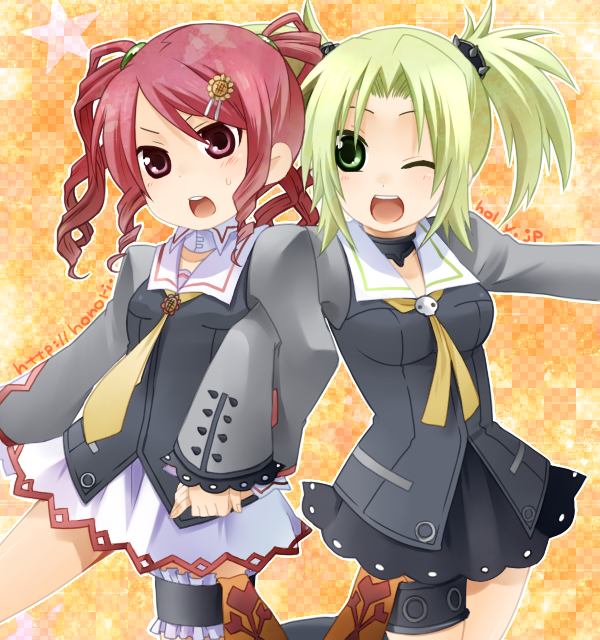 maora oto, maora otou, droite (tales), gauche (tales), tales of (series), tales of vesperia, 00s, 2girls, green eyes, green hair, multiple girls, one eye closed, red eyes, red hair, smile, twintails, wink