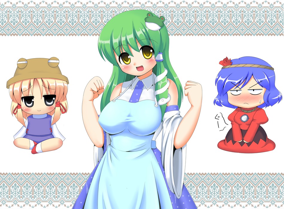 kyokutou hentai samurai, kochiya sanae, moriya suwako, yasaka kanako, touhou, bad id, bad pixiv id, 3girls, apron, blonde hair, blue hair, blush, chibi, female focus, frog, green hair, grey eyes, hair ornament, hat, leaf hair ornament, multiple girls, short hair, snake, yellow eyes