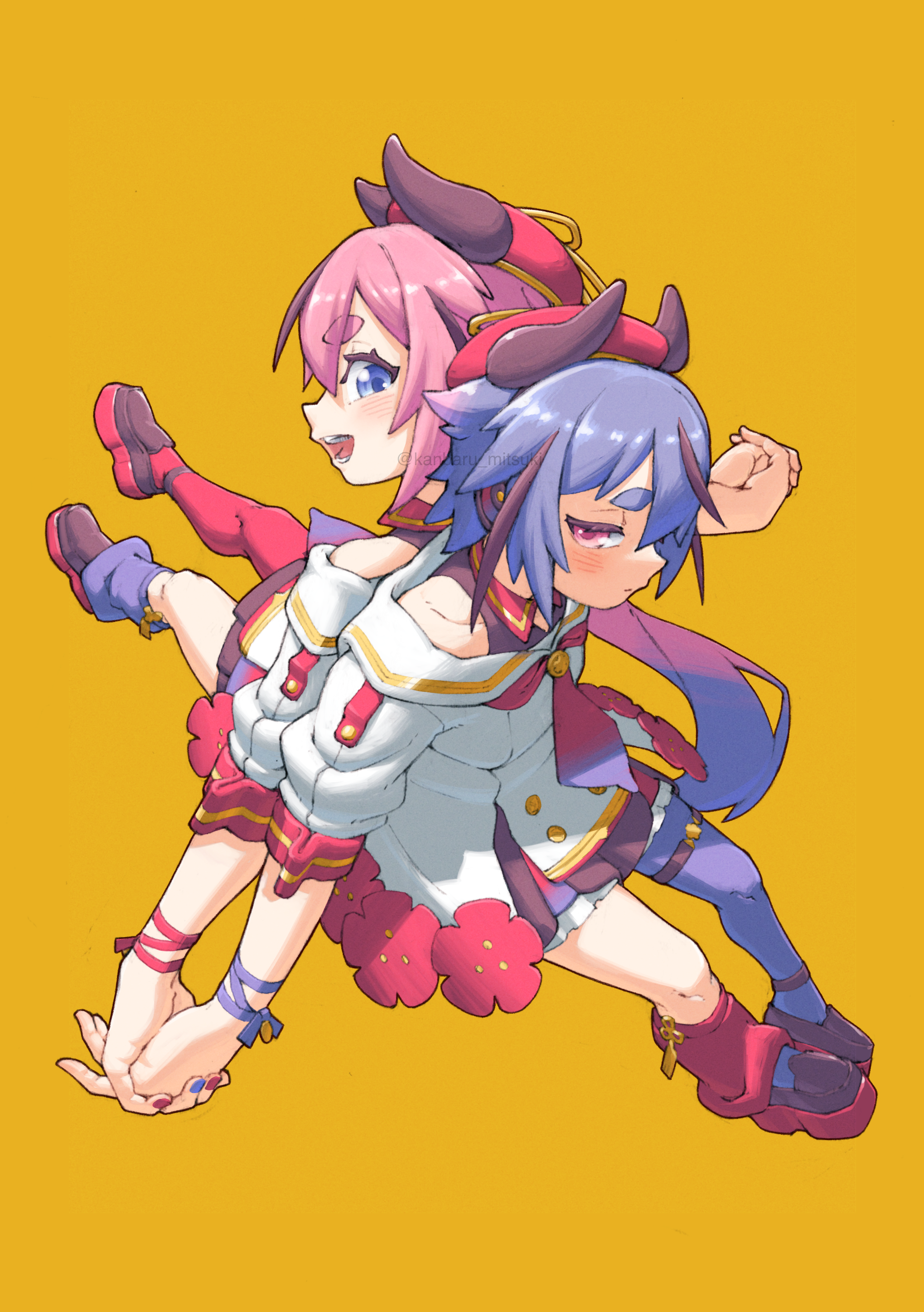 kanbaru mitsuki, meika hime, meika mikoto, vocaloid, absurdres, highres, 2others, asymmetrical legwear, back-to-back, blue eyes, blue hair, full body, holding hands, horns, jacket, looking at viewer, multiple others, open mouth, pink eyes, pink hair, siblings, simple background, single leg warmer, single thighhigh, thighhighs, white jacket, yellow background