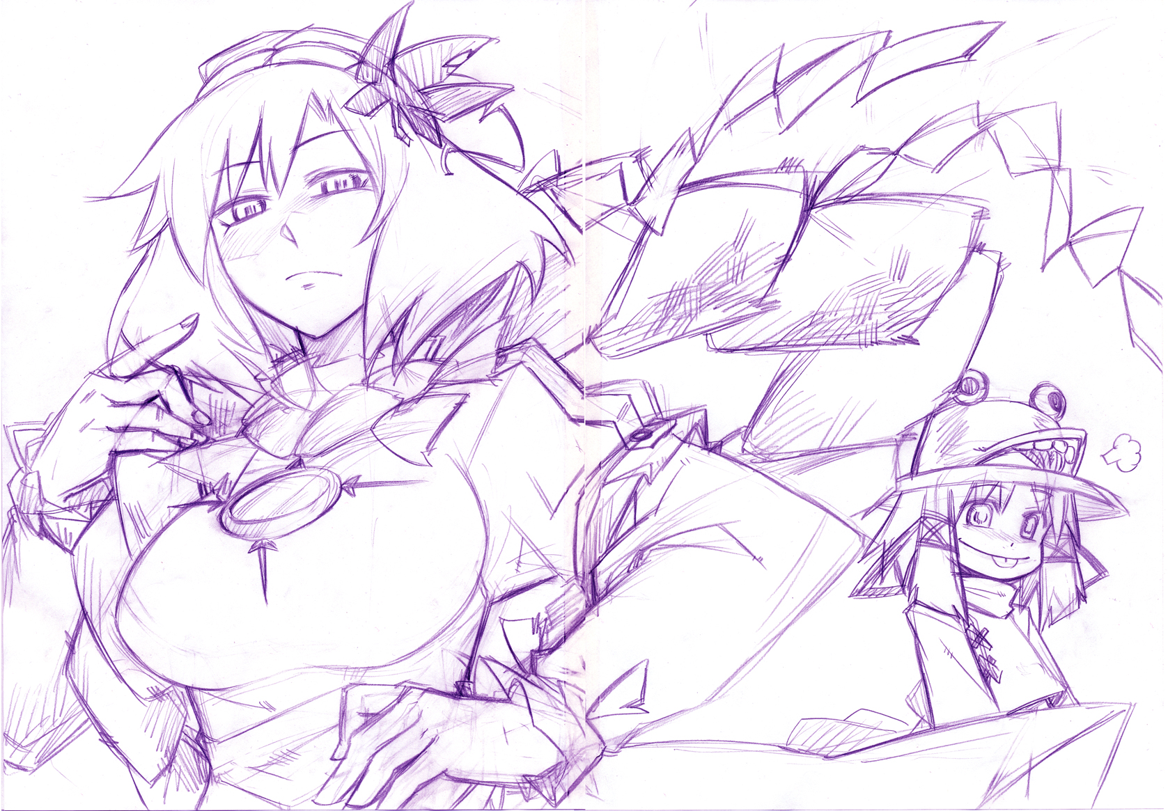 nada haruka, moriya suwako, pyonta, yasaka kanako, touhou, highres, 2girls, :p, female focus, foreshortening, hand on own hip, monochrome, multiple girls, purple theme, serious, short hair, sketch, tongue, tongue out