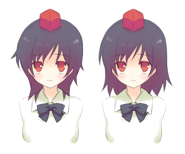 gayarou, shameimaru aya, touhou, 1girl, alternate hairstyle, blush, bow, bowtie, comparison, female focus, hat, light smile, looking at viewer, red eyes, ribbon, short hair, smile, solo, tareme, tokin hat, upper body