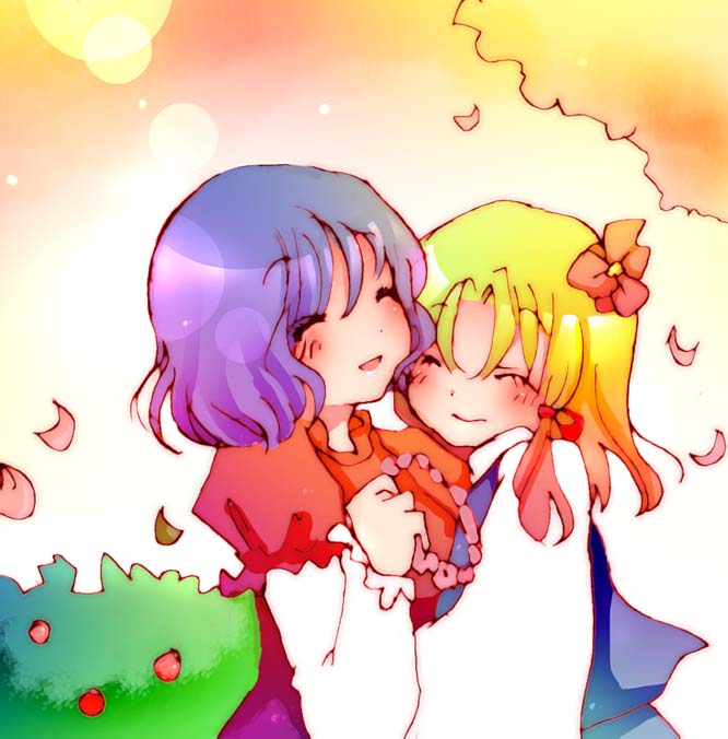 koroneri, moriya suwako, yasaka kanako, touhou, 2girls, blonde hair, blush, closed eyes, female focus, hug, multiple girls, purple hair, short hair