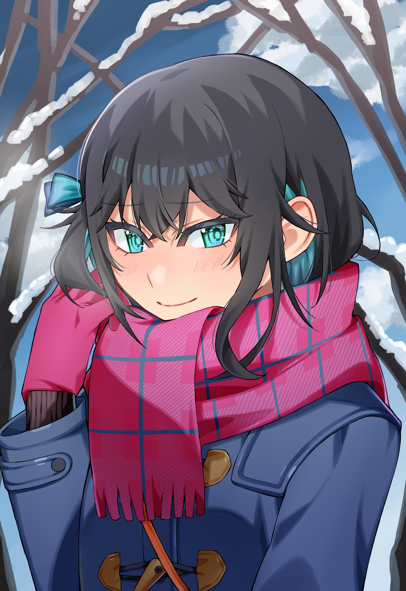 tere douga, miyamai moca, voicepeak, highres, 1girl, aqua eyes, artist name, bare tree, black hair, blue hair, blue jacket, closed mouth, coat, colored inner hair, day, duffel coat, gloves, hand up, jacket, long sleeves, looking at viewer, multicolored hair, outdoors, pink gloves, pink scarf, plaid clothes, plaid scarf, scarf, snow, solo, tree, upper body, winter, winter clothes