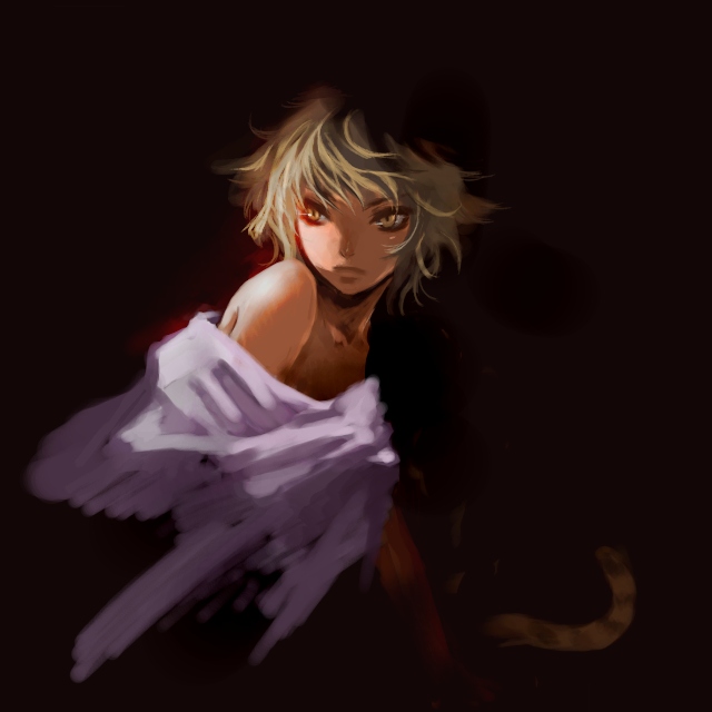 vica, toramaru shou, touhou, 1girl, bare shoulders, blonde hair, female focus, kemonomimi mode, multicolored hair, short hair, solo, tail, tiger tail, yellow eyes