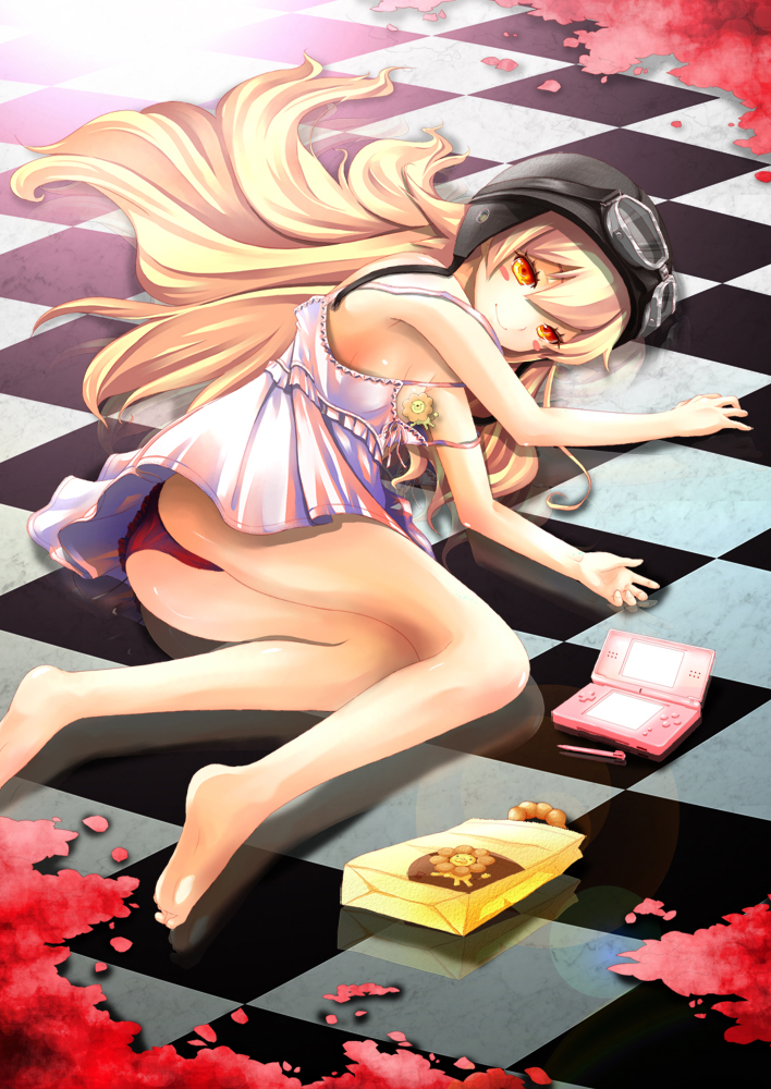 hanasaki, oshino shinobu, pon de lion, bakemonogatari, mister donut, monogatari (series), bad id, bad pixiv id, 00s, 1girl, barefoot, blonde hair, blush stickers, censored, convenient censoring, donut, dress, feet, female focus, food, goggles, handheld game console, helmet, legs, long legs, lying, nintendo ds, panties, product placement, red eyes, smile, solo, underwear
