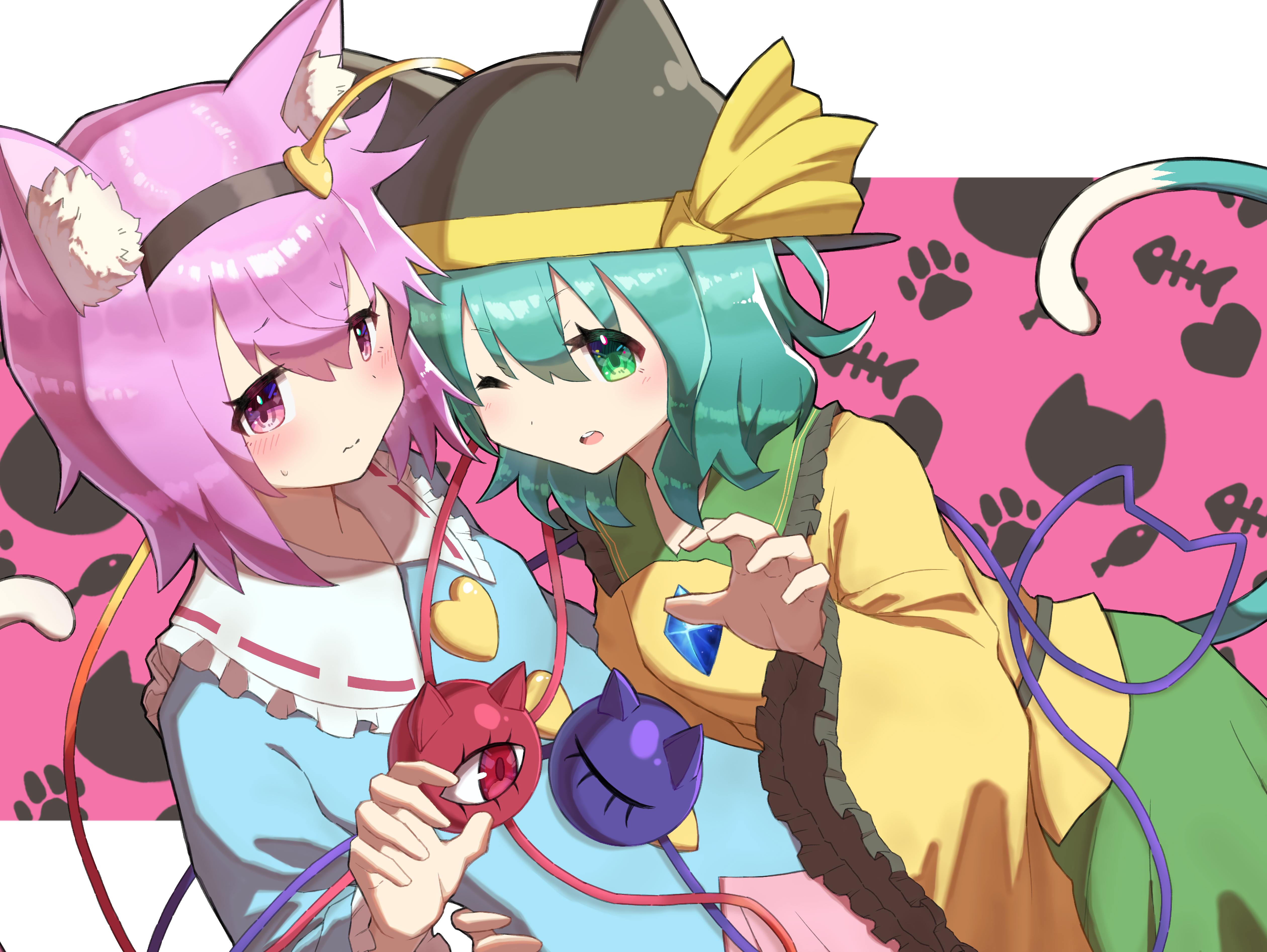 kasuokasuto, komeiji koishi, komeiji satori, touhou, absurdres, commentary, highres, 2girls, animal ear fluff, animal ears, blue shirt, blush, cat ears, cat tail, closed mouth, embarrassed, fish skeleton, frills, green eyes, green hair, green skirt, hair between eyes, hairband, hand on another's hip, hand up, hat, long sleeves, looking at viewer, medium hair, multiple girls, one eye closed, parted lips, paw pose, paw print, paw print background, pink eyes, pink hair, pink skirt, puffy sleeves, shirt, short hair, skirt, smile, tail, teeth, third eye, upper teeth only, yellow shirt