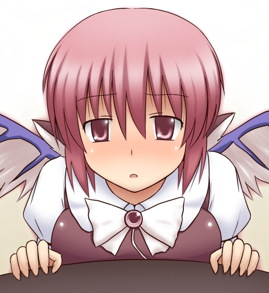 phantom2071, mystia lorelei, touhou, 1girl, animal ears, bow, female focus, gradient background, pink eyes, pink hair, solo, white background, wings