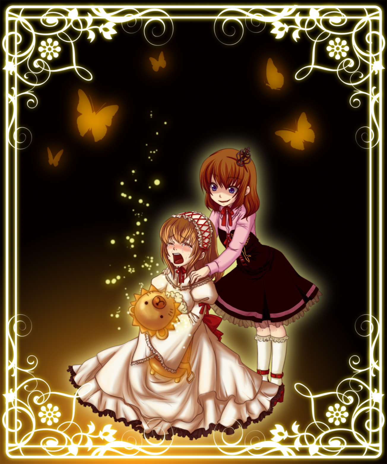 mishiyomi kazumi, sakutarou (umineko), ushiromiya maria, umineko no naku koro ni, highres, 00s, blue eyes, blush, brown hair, bug, butterfly, child, crown, dress, dual persona, evil grin, evil smile, frills, grin, ribbon, sitting, smile, socks, tears, time paradox