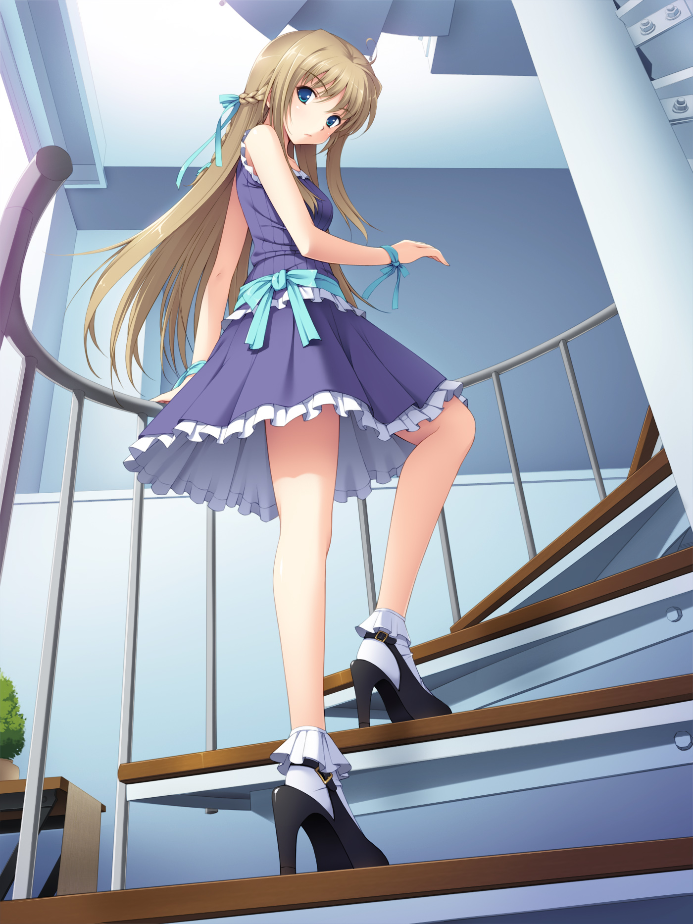 cygnus (cygnus7), original, highres, md5 mismatch, resolution mismatch, source smaller, 1girl, :/, ahoge, arm support, bare shoulders, blonde hair, blue eyes, bobby socks, braid, dress, female focus, from below, hair ribbon, half updo, high heels, legs, long hair, looking at viewer, looking back, ribbon, shoes, socks, solo, stairs, wrist ribbon