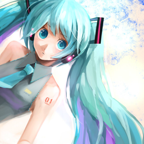 gum (gmng), gumidemo kandero, hatsune miku, vocaloid, bad id, bad pixiv id, lowres, 1girl, aqua eyes, aqua hair, female focus, headphones, long hair, necktie, sleeveless, solo, twintails, very long hair