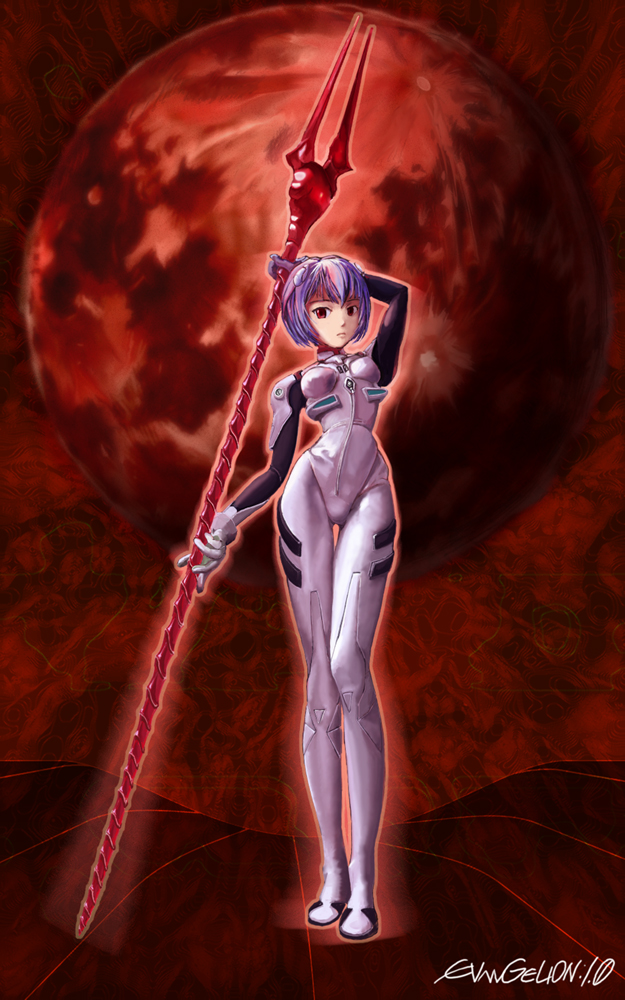 calma, ayanami rei, evangelion: 1.0 you are (not) alone, neon genesis evangelion, rebuild of evangelion, bad id, bad pixiv id, 00s, 1girl, arm up, bident, bodysuit, bracer, breasts, copyright name, expressionless, female focus, full body, full moon, gloves, hair ornament, holding, holding weapon, lance of longinus (evangelion), looking at viewer, mecha pilot suit, moon, multicolored hair, plugsuit (evangelion), polearm, red eyes, red moon, short hair, skinny, small breasts, solo, spear, standing, thigh gap, thighs, weapon
