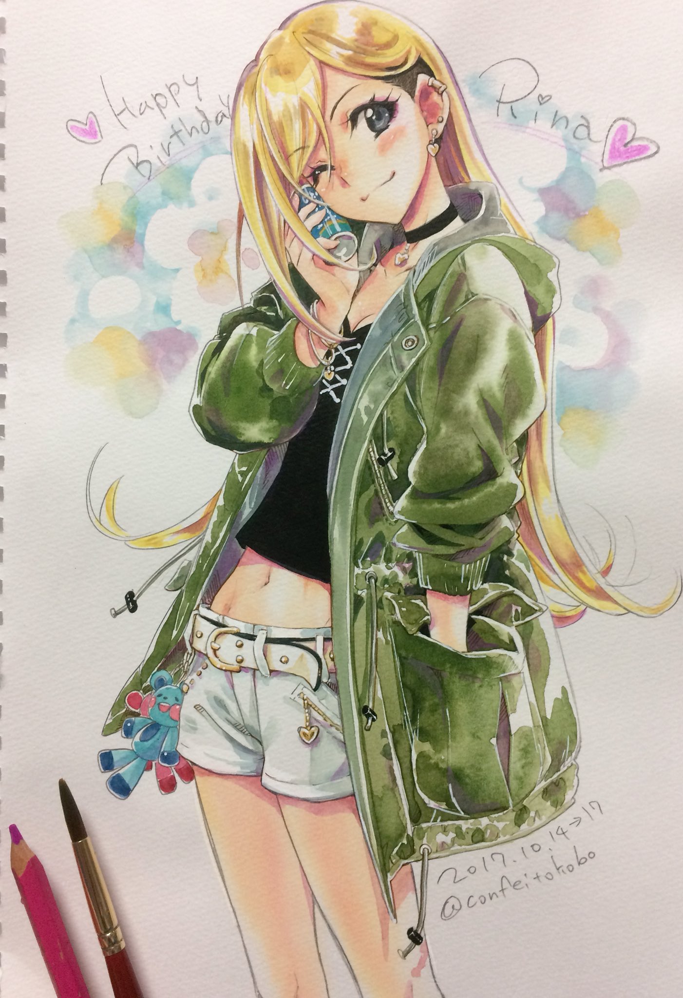 marine (confeitokobo), fujimoto rina, idolmaster, idolmaster cinderella girls, commentary request, highres, photo (medium), traditional media, 1girl, art tools in frame, belt, black eyes, blonde hair, can, earrings, happy birthday, heart, holding, holding can, jacket, jewelry, long hair, looking at viewer, navel, one eye closed, open clothes, open jacket, short shorts, shorts, smile, solo