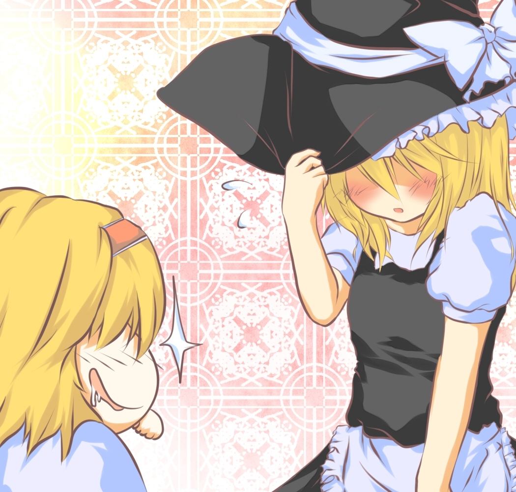 diract, alice margatroid, kirisame marisa, touhou, 2girls, blonde hair, blush, dress, female focus, hairband, hat, multiple girls, rape face, saliva, witch, witch hat, you gonna get raped, yuri