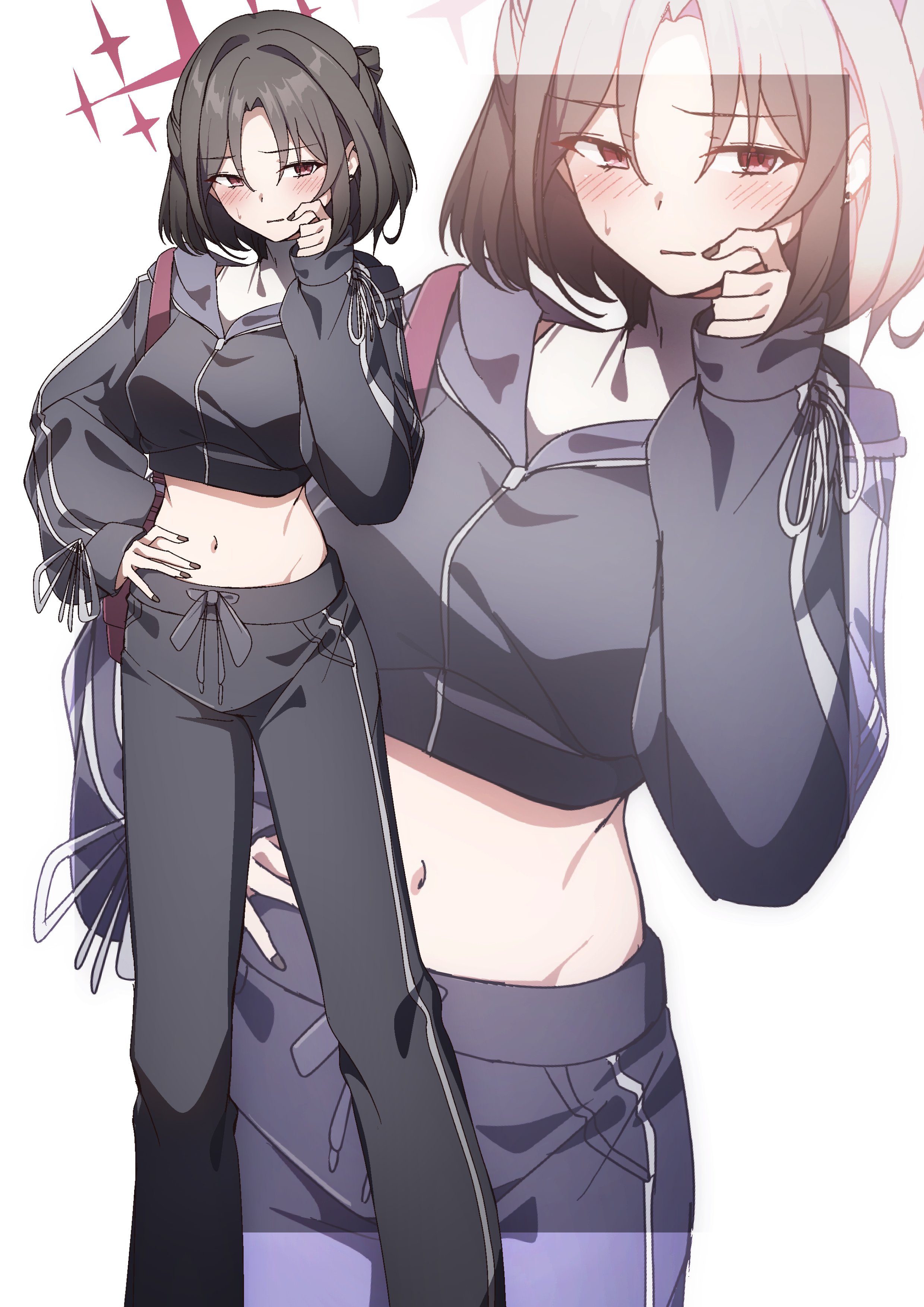 to (tototo tk), misaki (blue archive), blue archive, absurdres, commentary request, highres, 1girl, bag, barbell piercing, black jacket, black nails, black pants, blush, border, brown hair, crop top, cropped jacket, ear piercing, feet out of frame, groin, halo, hand on own cheek, hand on own face, hand on own hip, handbag, industrial piercing, jacket, long sleeves, midriff, nail polish, navel, official alternate costume, outside border, pants, piercing, red bag, red eyes, red halo, shirt, short hair, sideways glance, sleeve ribbon, solo, sweatdrop, sweatpants, transparent border, turtleneck, white background, white shirt, zoom layer
