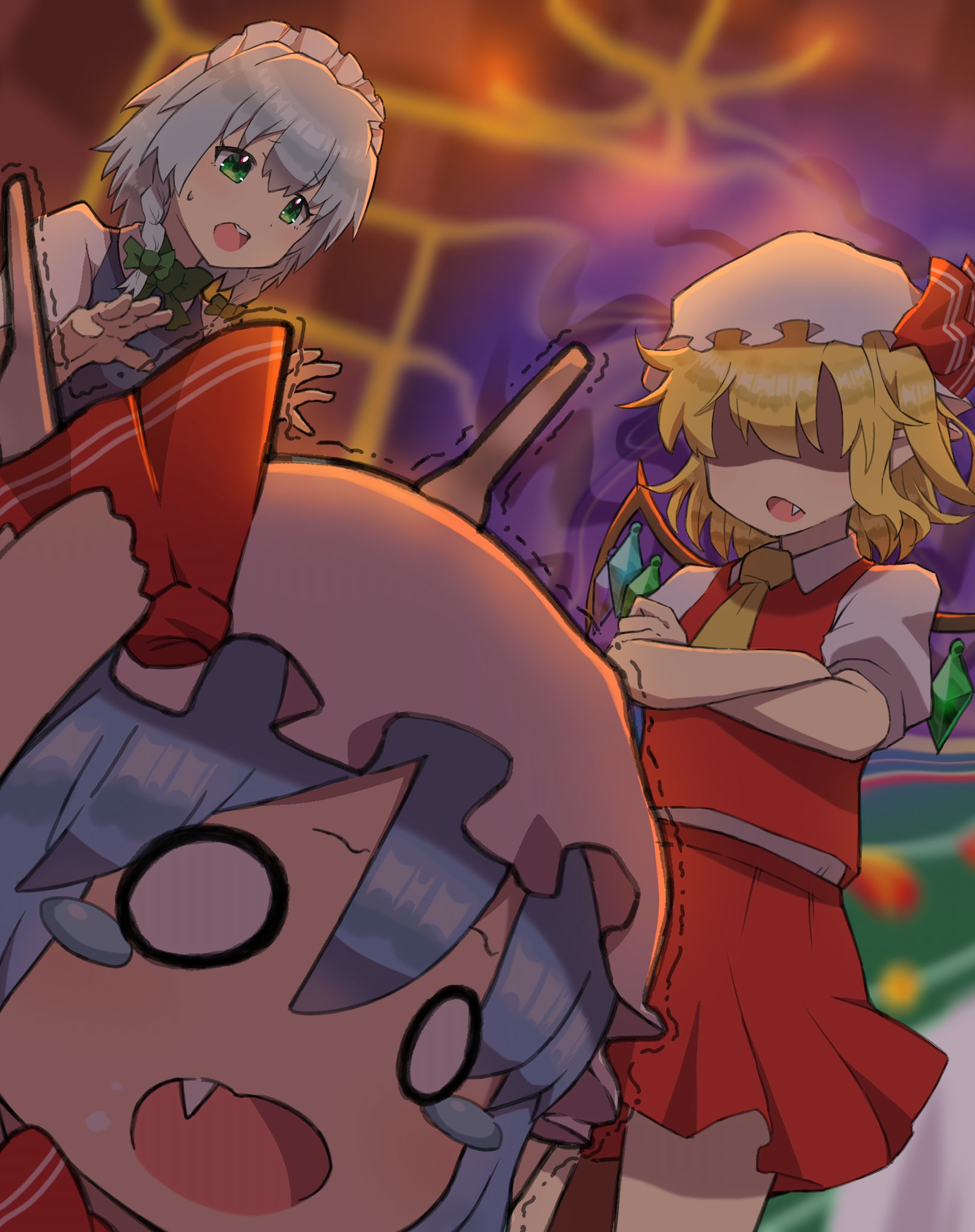 kasuokasuto, flandre scarlet, izayoi sakuya, remilia scarlet, touhou, highres, 3girls, aura, blonde hair, blue hair, braid, charisma guard, crossed arms, crystal wings, dark aura, fang, green eyes, grey hair, hair between eyes, hair ribbon, hands on own head, hat, maid, maid headdress, medium hair, mob cap, multiple girls, open mouth, panicking, parted lips, red skirt, red vest, ribbon, shaded face, shirt, short sleeves, siblings, skirt, tearing up, trembling, twin braids, vampire, vest, white shirt, wings