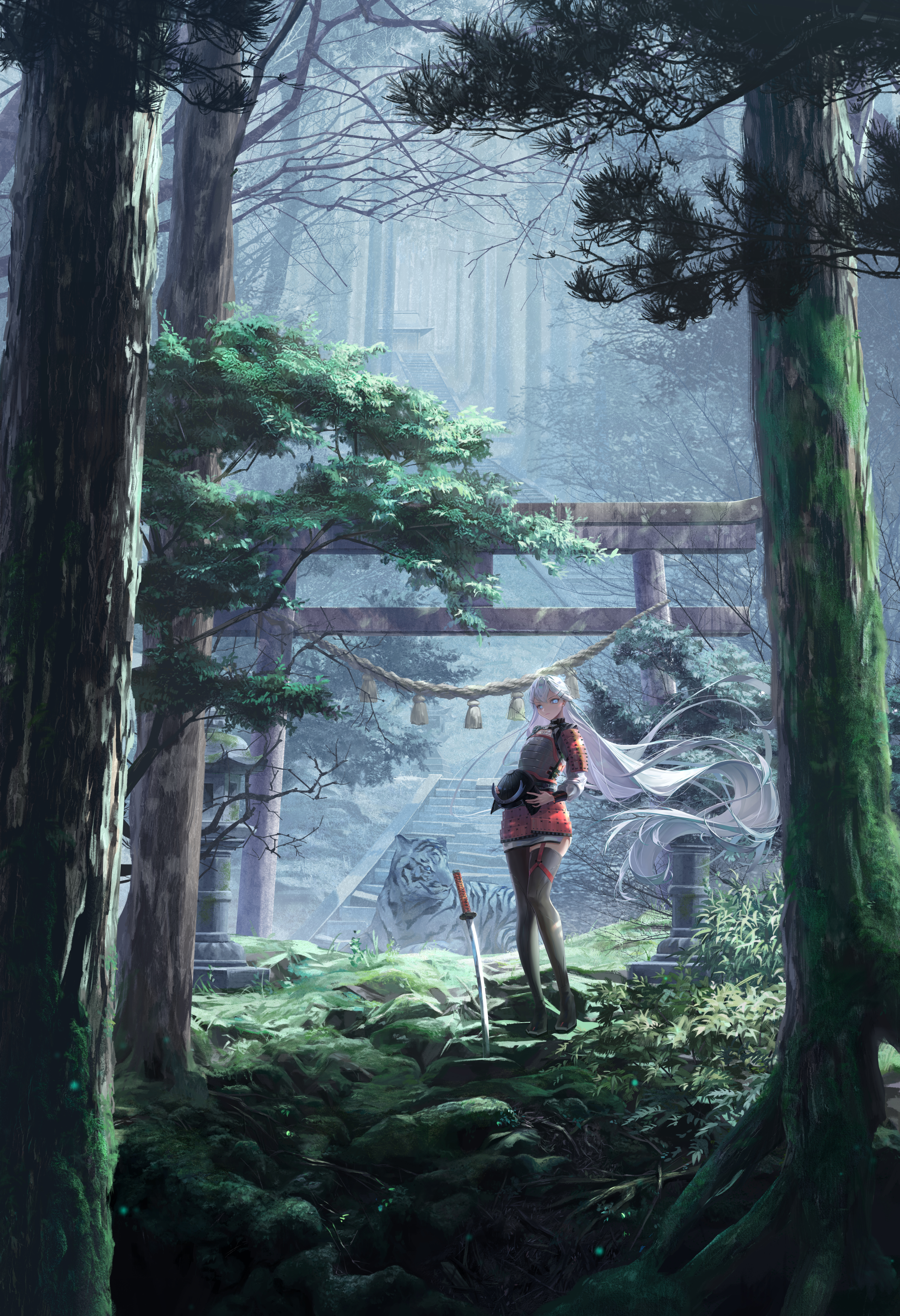 torii illust, original, absurdres, commentary request, highres, 1girl, armor, black thighhighs, closed mouth, day, floating hair, forest, full body, grey eyes, grey hair, hair ornament, hairclip, helmet, japanese armor, kabuto (helmet), katana, long hair, long sleeves, looking at viewer, nature, outdoors, parallel hairclips, pine tree, planted, planted sword, planted weapon, rope, samurai, serious, shimenawa, shrine, skirt, solo, stairs, standing, stone lantern, sword, thighhighs, tiger, torii, tree, very long hair, weapon, white tiger