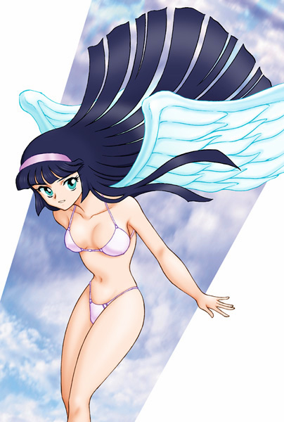 shijoh, shijou yukimasa, erika (daimos), toushou daimos, bad id, bad pixiv id, 1970s (style), 1girl, aqua eyes, bikini, black hair, blunt bangs, female focus, hairband, hime cut, long hair, oldschool, retro artstyle, solo, swimsuit, very long hair, white bikini, wings