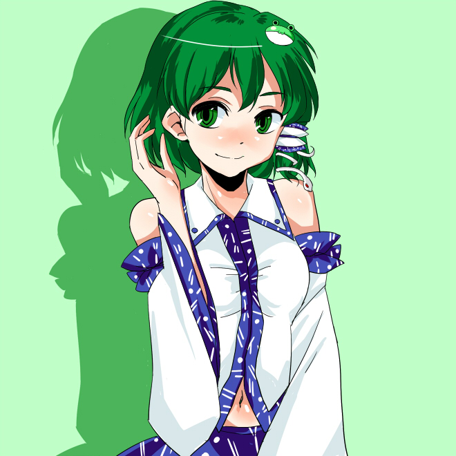 kuze, kochiya sanae, touhou, 1girl, adjusting hair, alternate hairstyle, blush, detached sleeves, female focus, frog, green eyes, green hair, hair ornament, japanese clothes, matching hair/eyes, shadow, short hair, smile, snake, solo