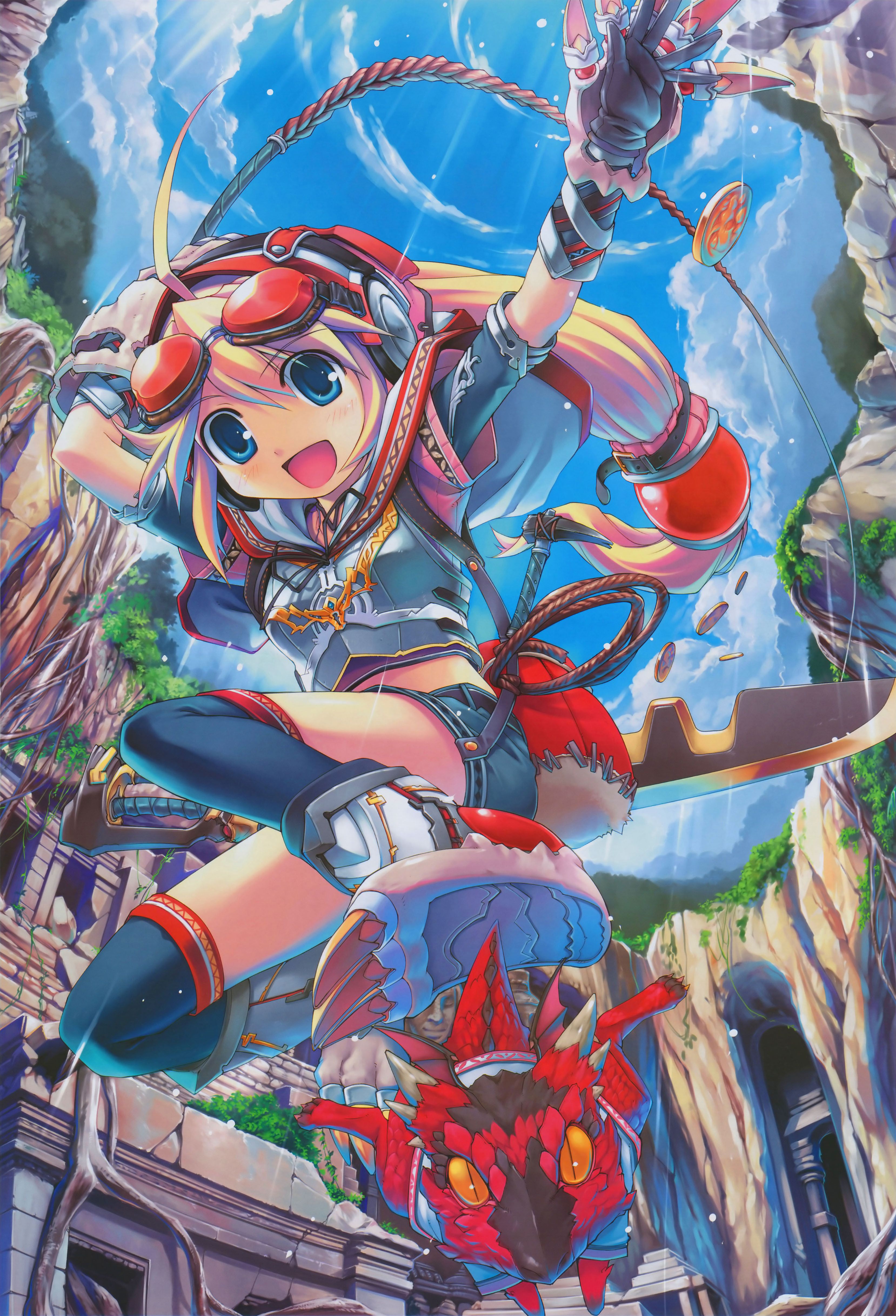 hiiro yuki, capcom, girl's avenue, megami magazine, monster hunter (series), original, absurdres, highres, non-web source, scan, 1girl, :d, ahoge, arm up, armor, backpack, bag, bandana, belt, black thighhighs, blonde hair, blue eyes, blush, boots, breastplate, breasts, buckle, cape, capelet, child, claws, cliff, cloud, coin, crop top, cropped jacket, day, dragon, elbow gloves, fantasy, female focus, floating hair, flying, foreshortening, from below, gem, gloves, goggles, goggles on head, greaves, hair ornament, happy, hat, headphones, helmet, holding, holding weapon, jacket, jumping, light particles, light rays, long hair, looking at viewer, low-tied long hair, midriff, open clothes, open jacket, open mouth, orange eyes, outdoors, outstretched arm, pickaxe, plant, ponytail, ribbon, ruins, short shorts, short sleeves, shorts, sidelocks, sky, slit pupils, small breasts, smile, solo, stitches, strap, sunbeam, sunlight, sword, thighhighs, very long hair, vines, weapon, whip
