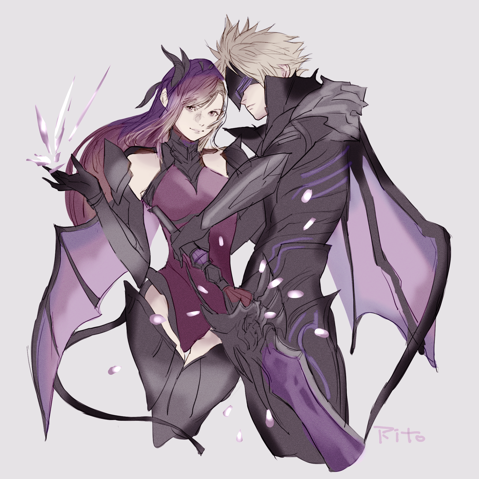 tori (labyrinth fft), cloud strife, cloud strife (bahamut garb), tifa lockhart, tifa lockhart (bahamut suit), final fantasy, final fantasy vii, final fantasy vii: ever crisis, commentary request, highres, 1boy, 1girl, artist name, black bodysuit, black hair, blindfold mask, blonde hair, bodysuit, breasts, closed mouth, cowboy shot, cropped legs, dragon wings, grey background, high collar, holding, holding sword, holding weapon, leotard, long hair, looking at viewer, mask, medium breasts, official alternate costume, purple leotard, short hair, shoulder pads, single wing, smile, swept bangs, sword, weapon, wings