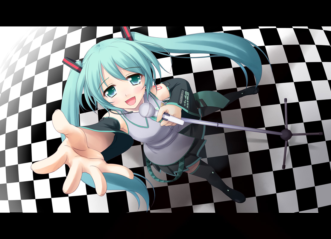 kazami fukashido, hatsune miku, vocaloid, 1girl, :d, aqua eyes, aqua hair, boots, detached sleeves, female focus, foreshortening, from above, letterboxed, long hair, microphone, open mouth, outstretched arm, outstretched hand, reaching, smile, solo, tears, thigh boots, thighhighs, twintails