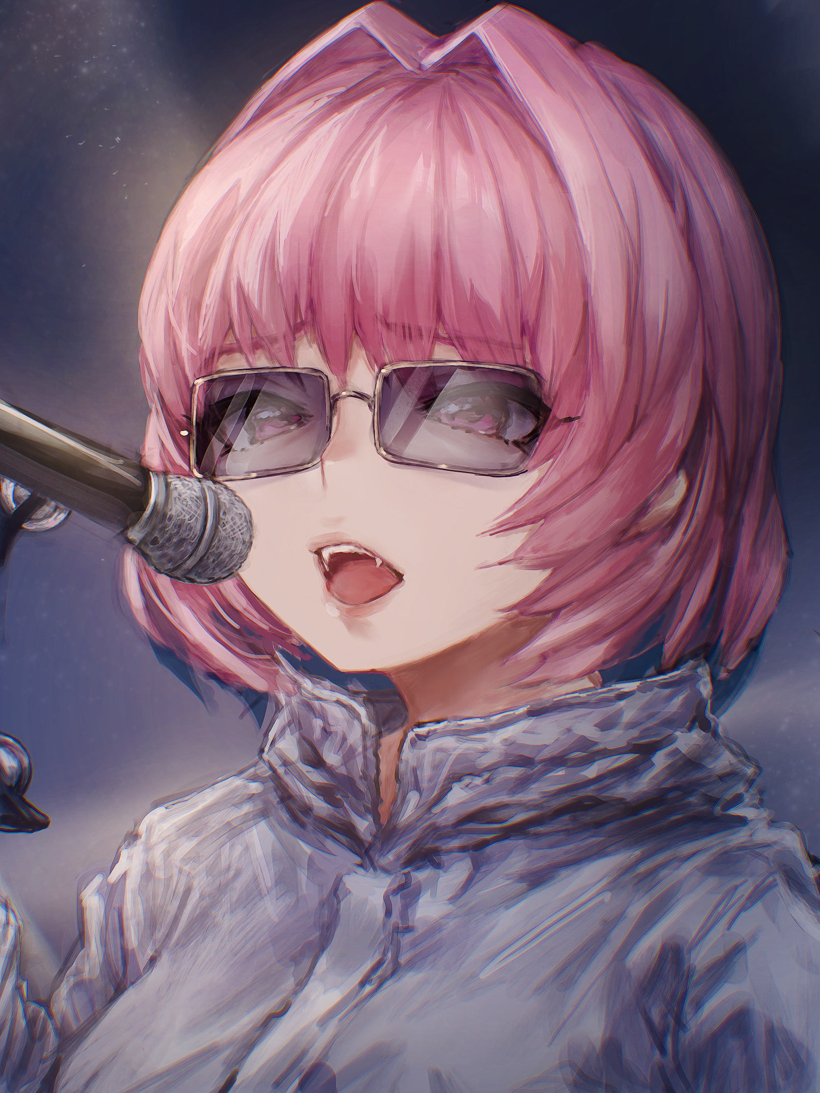 okubatomaeba, yumemi riamu, idolmaster, idolmaster cinderella girls, commentary request, highres, 1girl, blurry, blurry background, breasts, choppy bangs, fangs, grey background, grey jacket, hair intakes, jacket, medium breasts, microphone, music, open mouth, pink eyes, pink hair, raised inner eyebrows, rectangular eyewear, short hair, singing, solo, sunglasses, teeth, upper body, upper teeth only