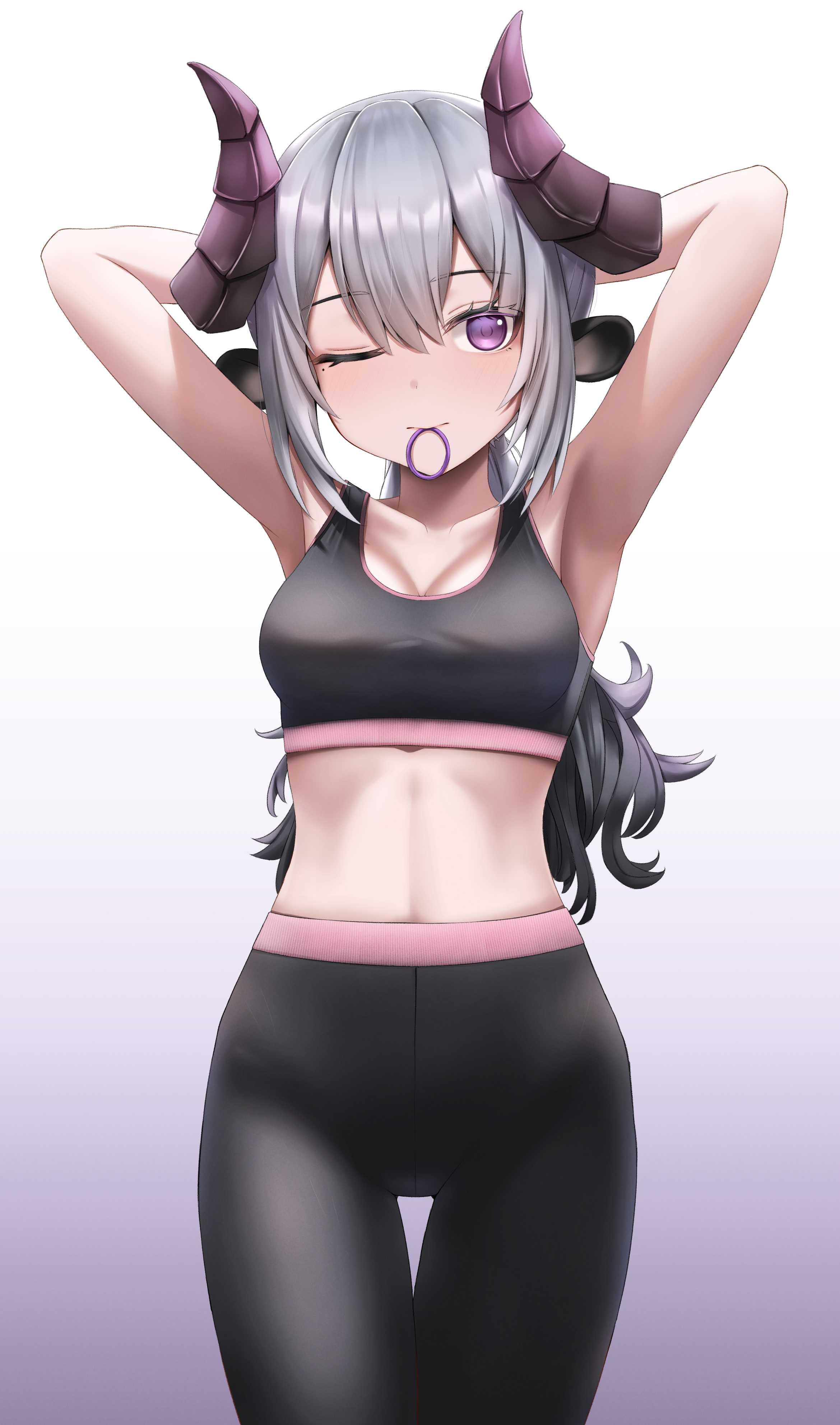 wavefile, chikafuji lisa, chromashift, absurdres, commentary, english commentary, highres, 1girl, adjusting hair, alternate costume, animal ears, armpits, arms behind head, arms up, bare arms, black pants, black sports bra, breasts, cleavage, closed mouth, gradient background, grey hair, hair between eyes, hair tie, horns, long hair, medium breasts, midriff, mouth hold, one eye closed, pants, ponytail, purple eyes, sheep ears, sheep girl, sheep horns, smile, solo, sports bra, standing, virtual youtuber, workout clothes, yoga pants