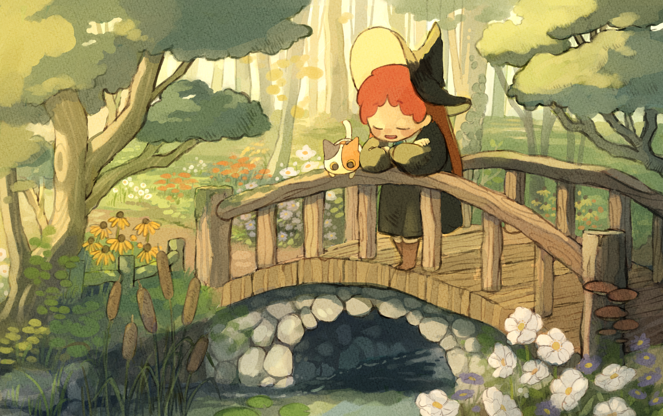 tofumaabo, original, commentary request, highres, 1girl, against railing, blush stickers, bridge, cat, closed eyes, crossed arms, daisy (flower), evening, flower, forest, full body, hat, lily pad, long hair, nature, open mouth, outdoors, path, railing, red hair, reeds, road, scenery, solo, standing, stone bridge, stream, tree, white flower, witch, witch hat, yellow flower