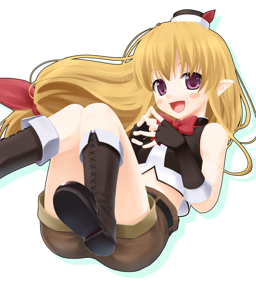 kazami fukashido, lisa (seiken no blacksmith), seiken no blacksmith, 00s, blonde hair, blush stickers, boots, fingerless gloves, gloves, hat, knee boots, long hair, mini hat, open mouth, pointy ears, purple eyes, shorts, smile, solo, very long hair