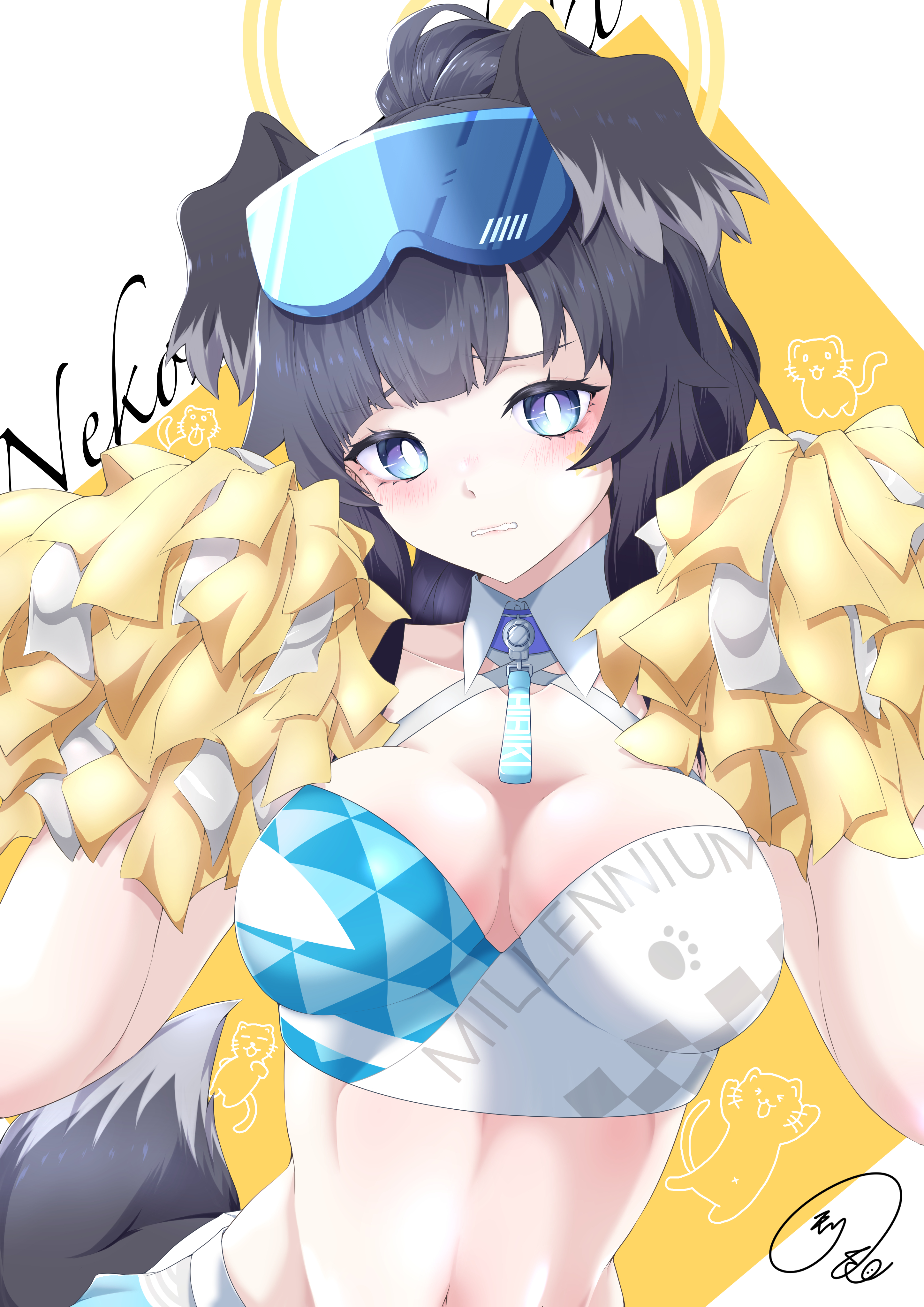 maximum7010, hibiki (blue archive), hibiki (cheer squad) (blue archive), blue archive, absurdres, commentary request, highres, 1girl, animal ears, black hair, blue eyes, blunt bangs, blush, breasts, bright pupils, character name, cheerleader, cleavage, collarbone, criss-cross halter, detached collar, dog ears, dog girl, dog tail, embarrassed, eyelashes, flipped hair, furrowed brow, goggles, goggles on head, halo, halterneck, hands up, holding, holding pom poms, large breasts, long hair, name tag, navel, official alternate costume, official alternate hairstyle, parted lips, paw print, pom pom (cheerleading), pom poms, ponytail, sidelocks, signature, simple background, solo, sports bra, stomach, tail, two-tone background, upper body, wavy mouth, white background, white pupils, yellow background, yellow halo