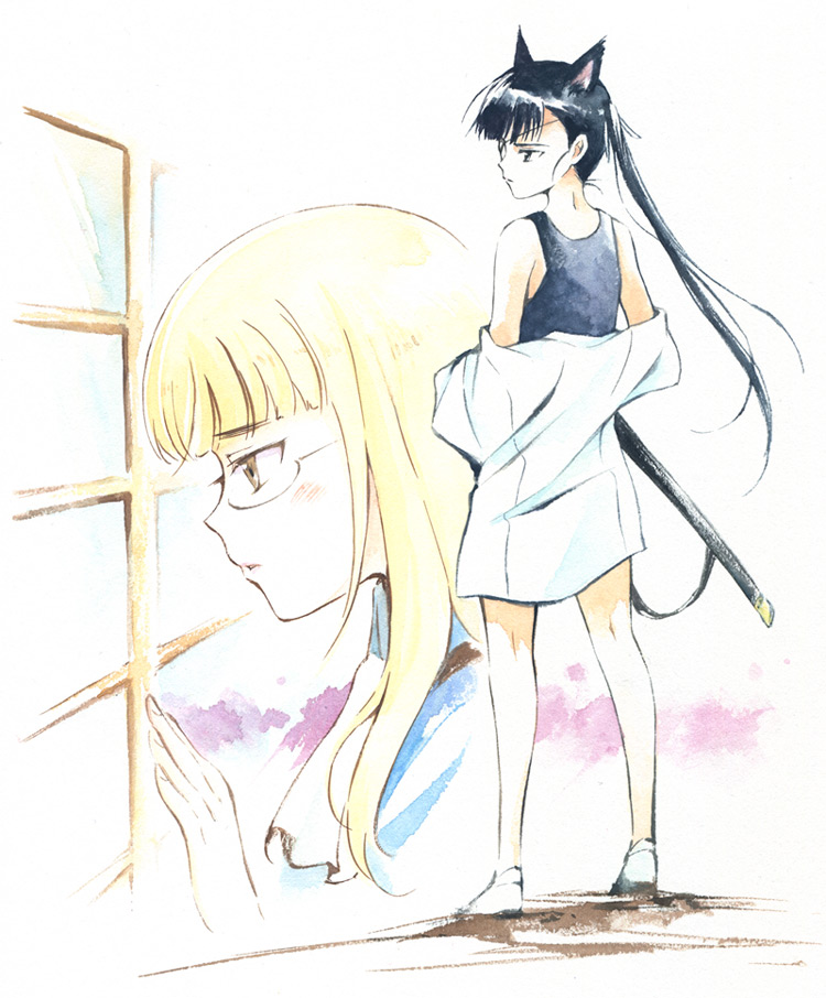 agahari, perrine h. clostermann, sakamoto mio, strike witches, world witches series, bad id, bad pixiv id, traditional media, 00s, 2girls, animal ears, black hair, blonde hair, blush, eyepatch, glasses, multiple girls, one-piece swimsuit, ponytail, school swimsuit, shirt, swimsuit, swimsuit under clothes, sword, weapon, white shirt, window, yellow eyes